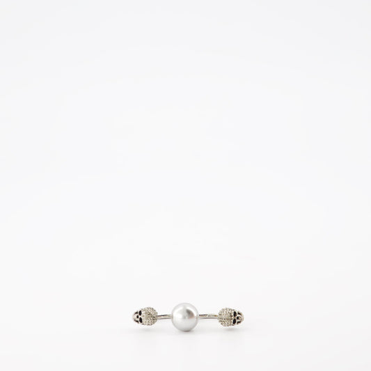 Alexander McQueen, Skull Double Ring, Women's Luxury Jewelry, Silver-tone Metal, Pearl Adorned Ring