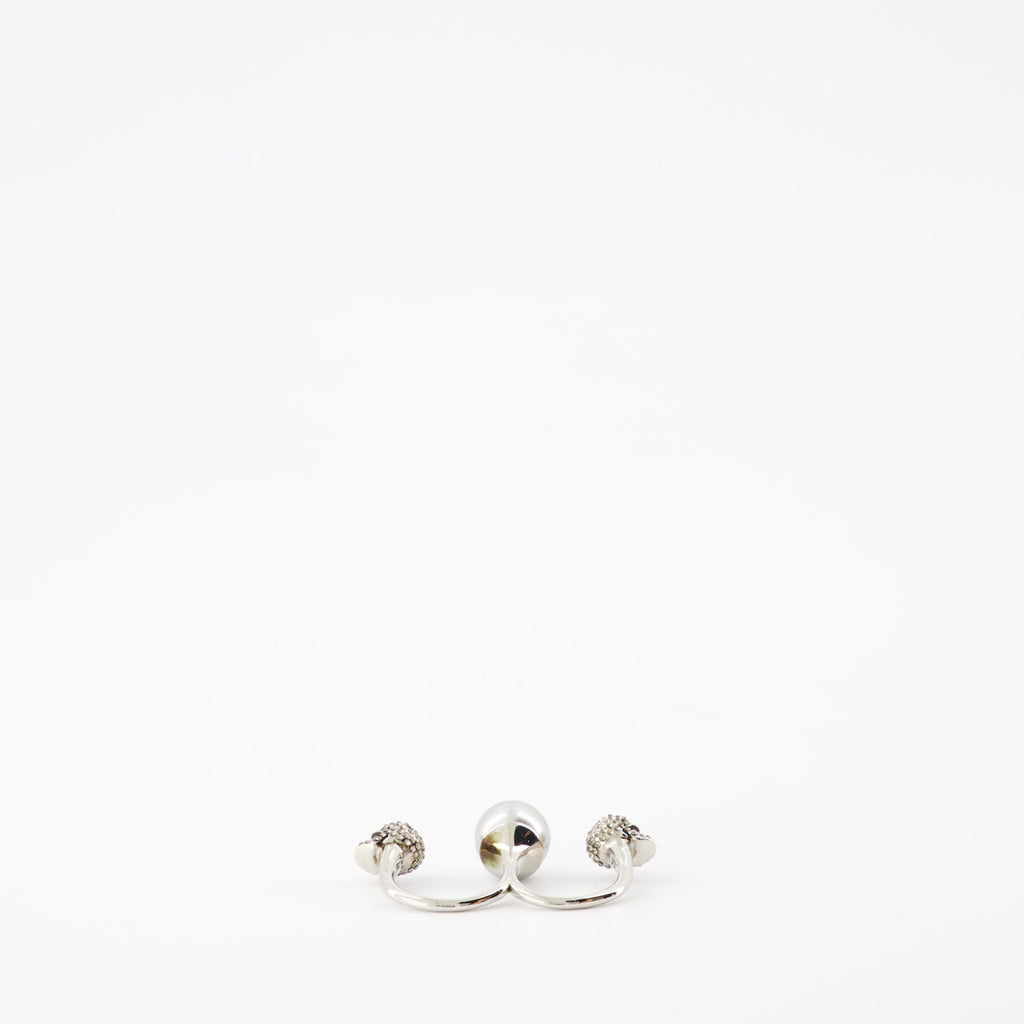 Alexander McQueen, Skull Double Ring, Women's Luxury Jewelry, Silver-tone Metal, Pearl Adorned Ring