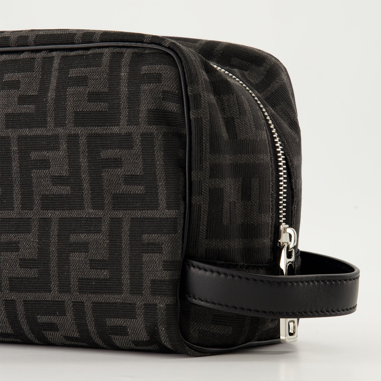 Fendi toiletry bag, black canvas bag, FF print accessories, men's travel essentials, luxury leather goods