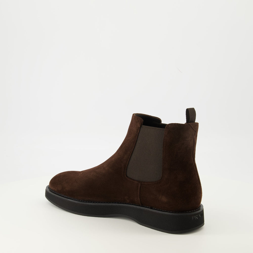 Brown Suede Ankle Boots, Prada Footwear, Slip-On Boots, Mens Suede Boots, Elegant Ankle Boots