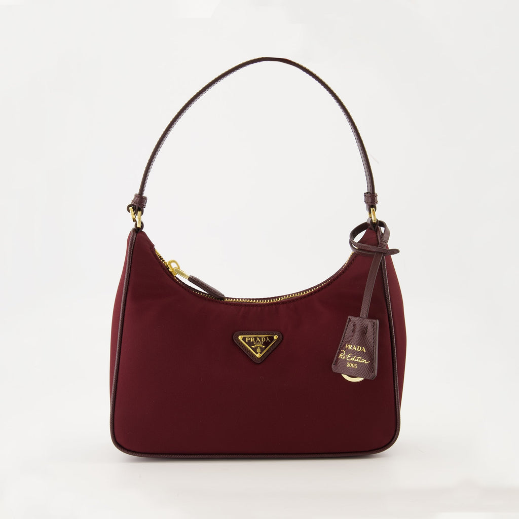 Prada Mini Sac, Re-Edition 2005, bordeaux handbag, recycled materials, sustainable fashion