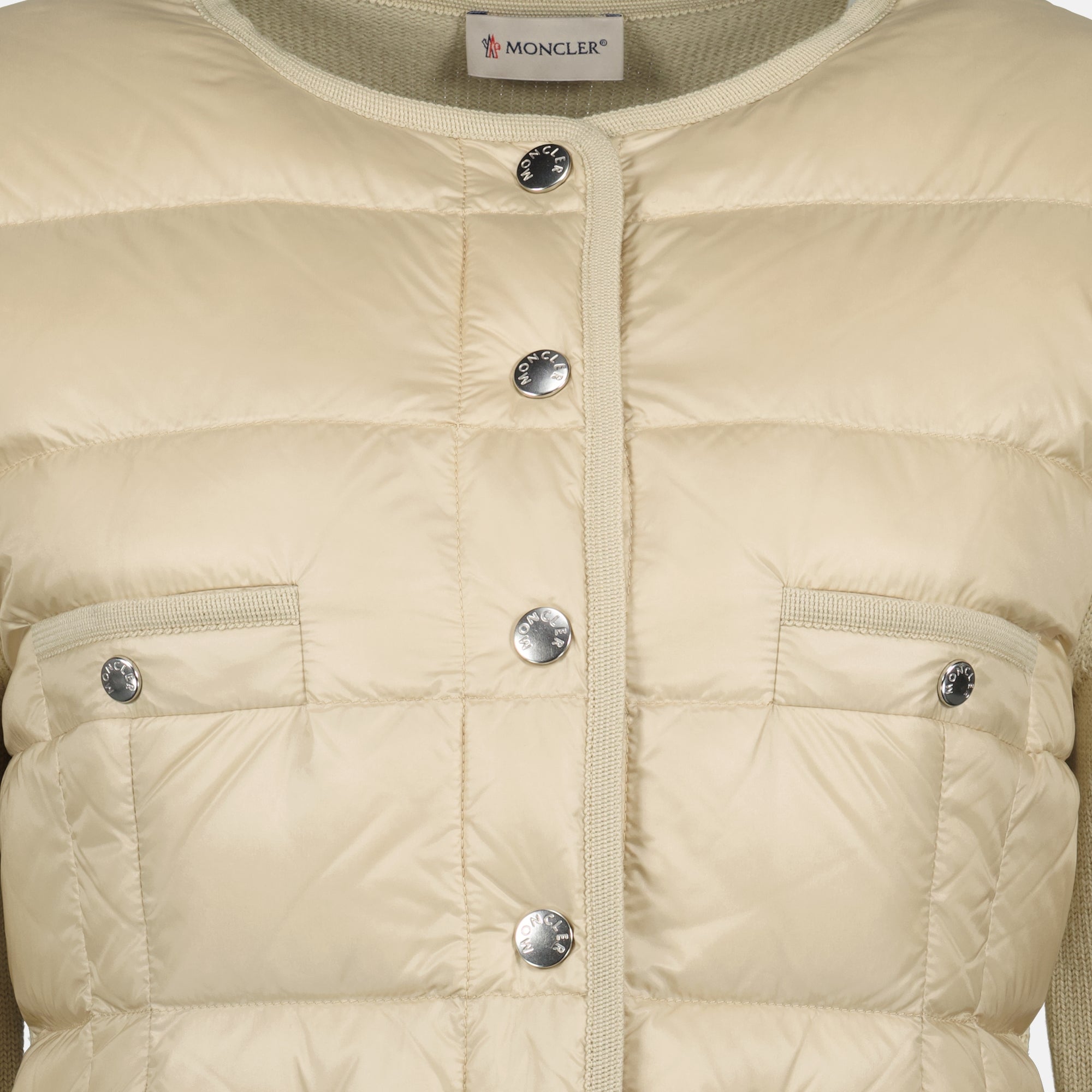 Moncler cardigan, beige quilted cardigan, Autumn-Winter 2025, women's knitwear, luxury outerwear
