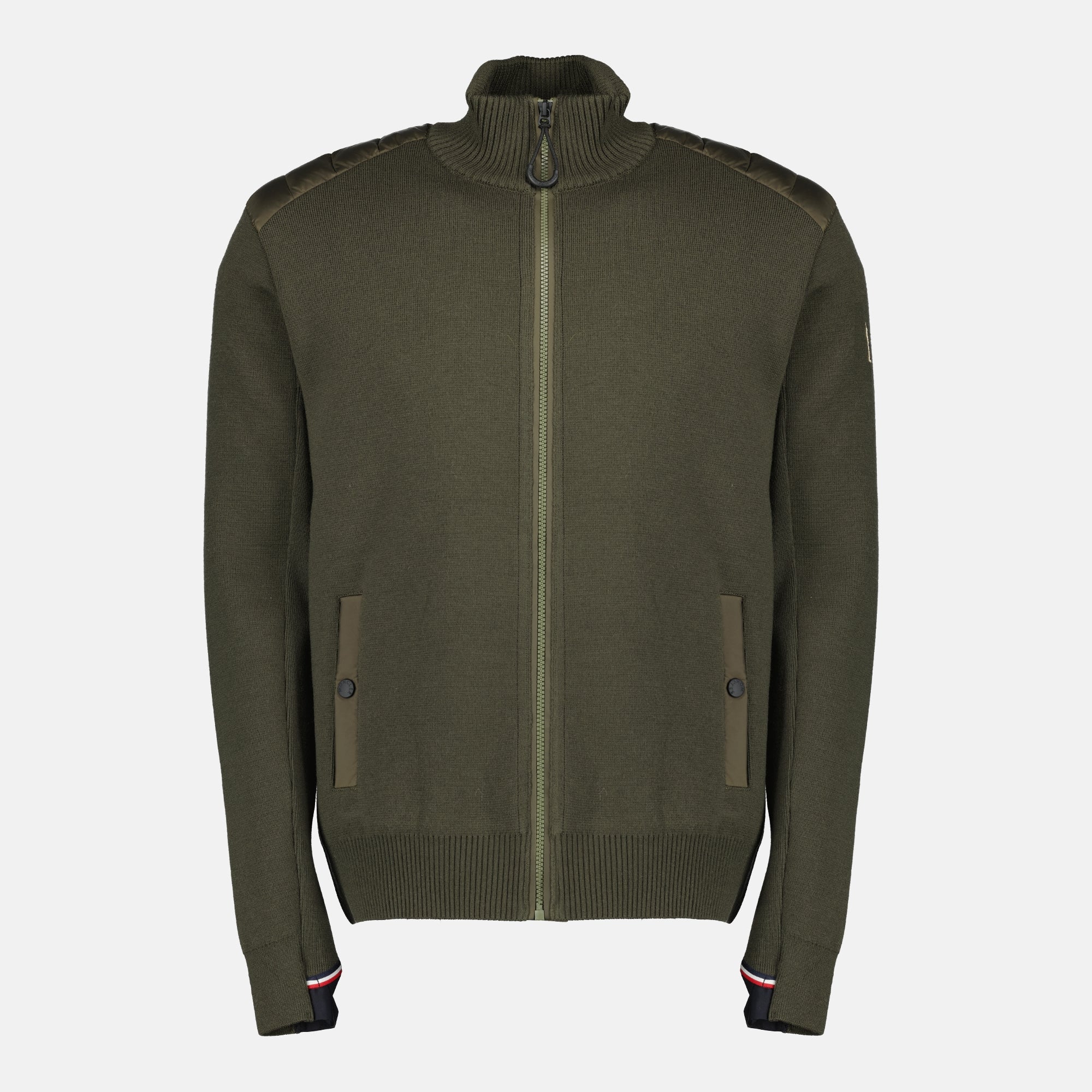 Moncler Grenoble cardigan, quilted wool cardigan, men's knitwear, zip sweater, khaki outerwear