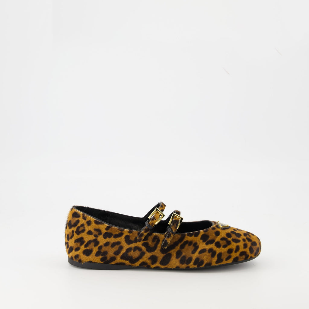 Prada ballerinas, leopard print shoes, calf leather flats, designer footwear, adjustable strap ballerinas
