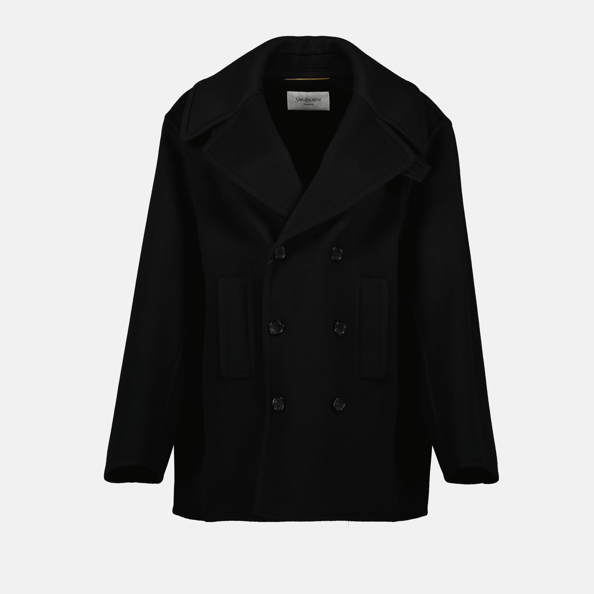 black wool coat, Saint Laurent, oversized coat, double-breasted coat, Autumn-Winter collection