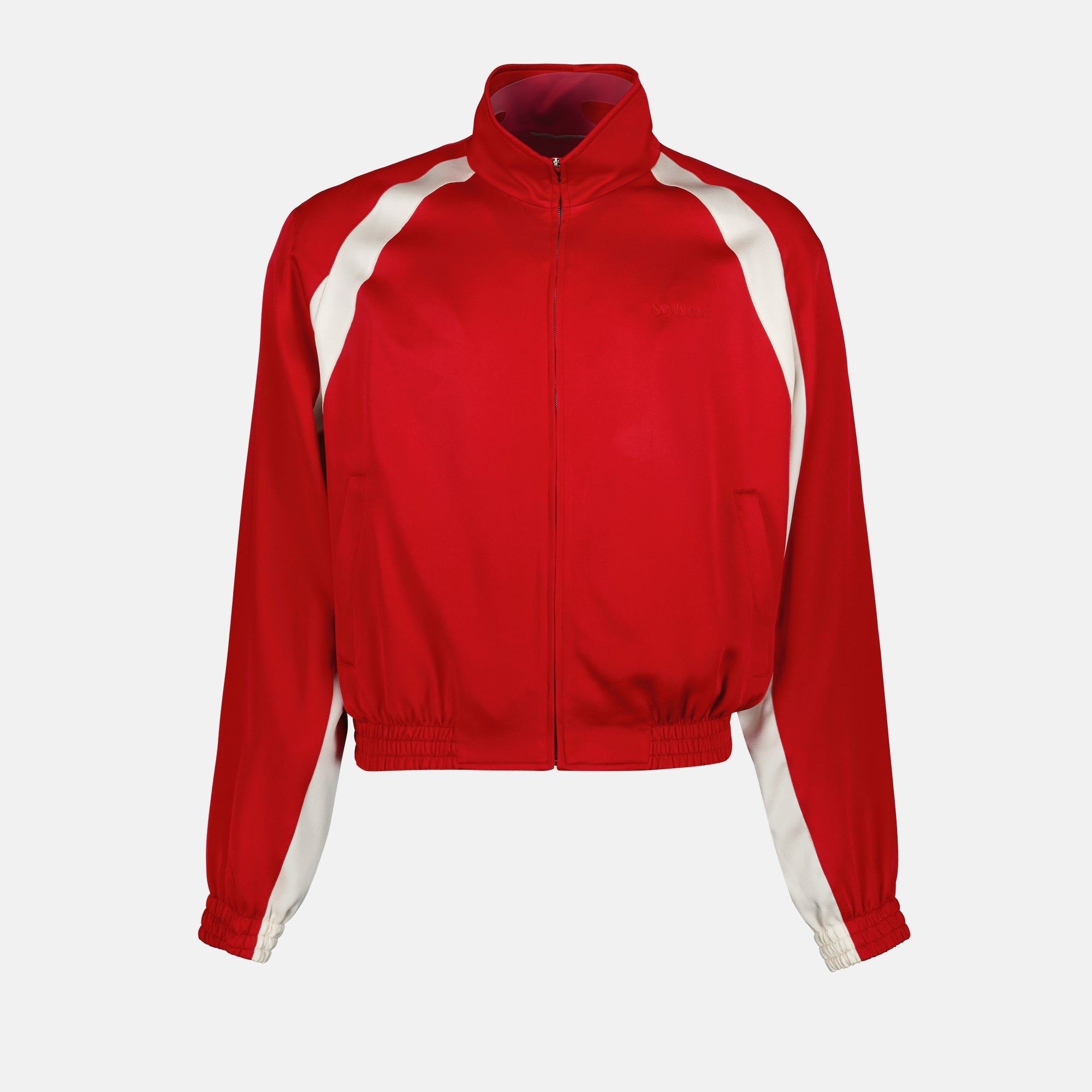 Imagen de la chaqueta teddy de satén rojo de Saint Laurent para hombres - Temporada Primavera-Verano 2025 - Vista frontal