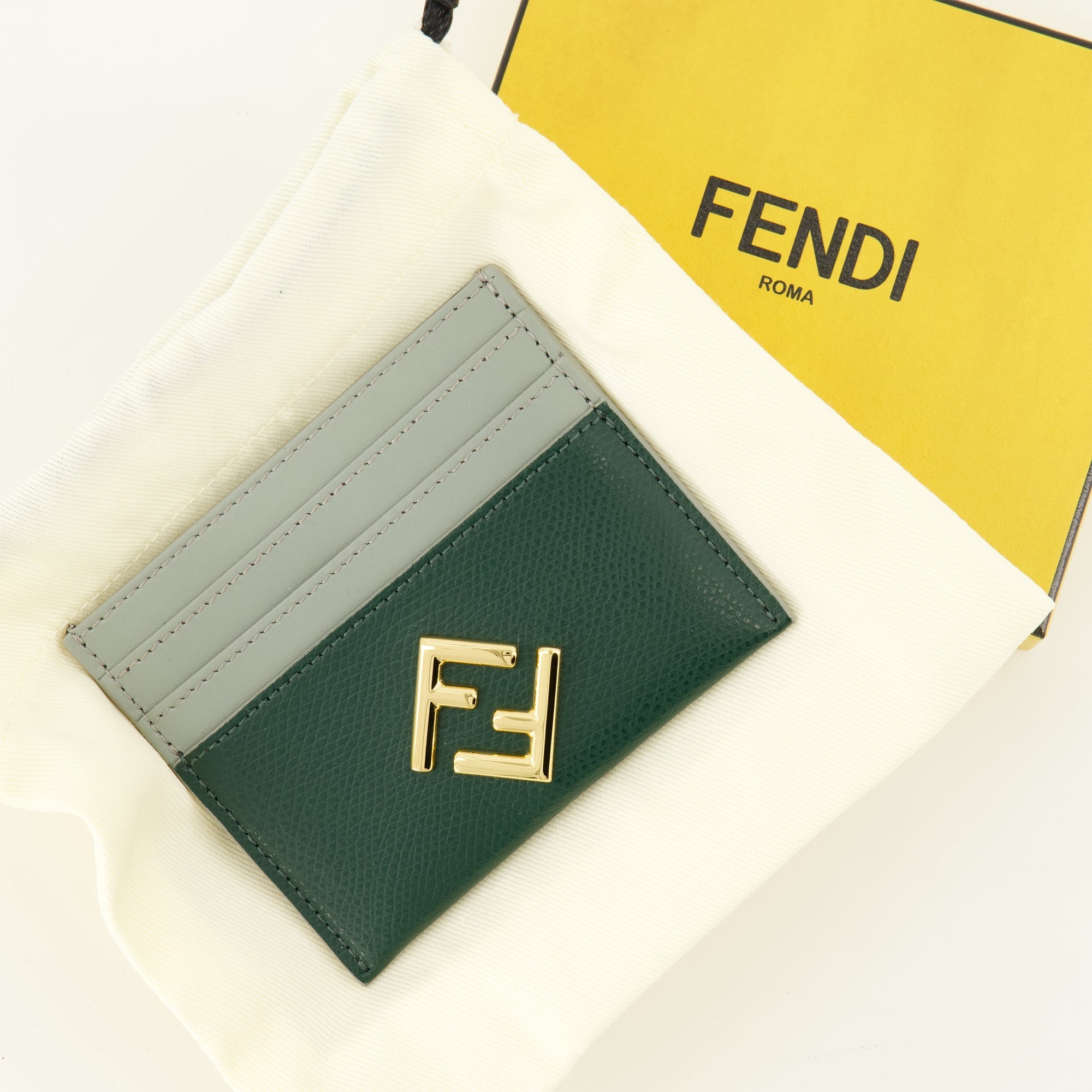 Fendi cardholder, green leather accessory, calf leather wallet, designer cardholder, luxury cardholder