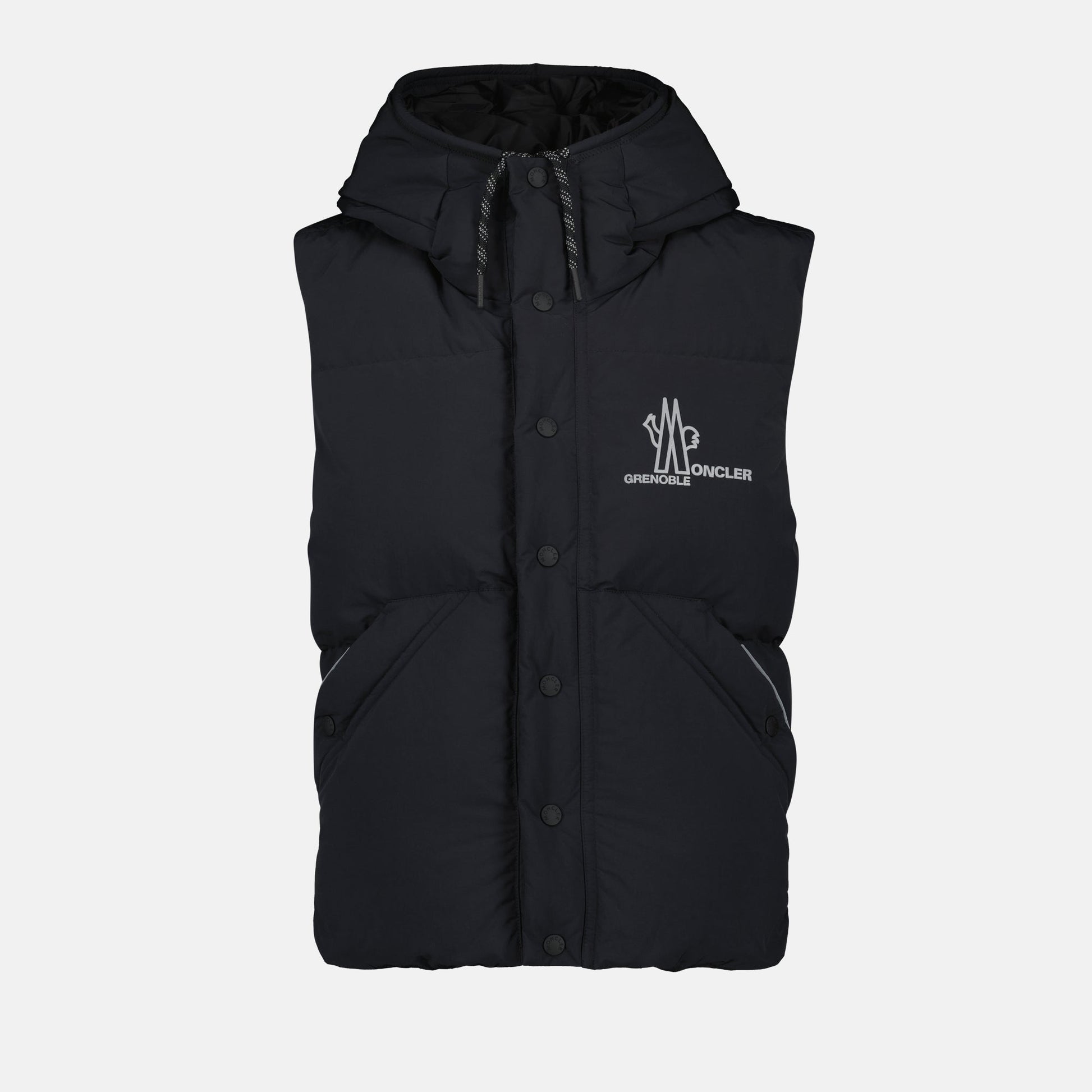 sleeveless puffer vest, black vest, Moncler Grenoble, quilted vest, adjustable hood