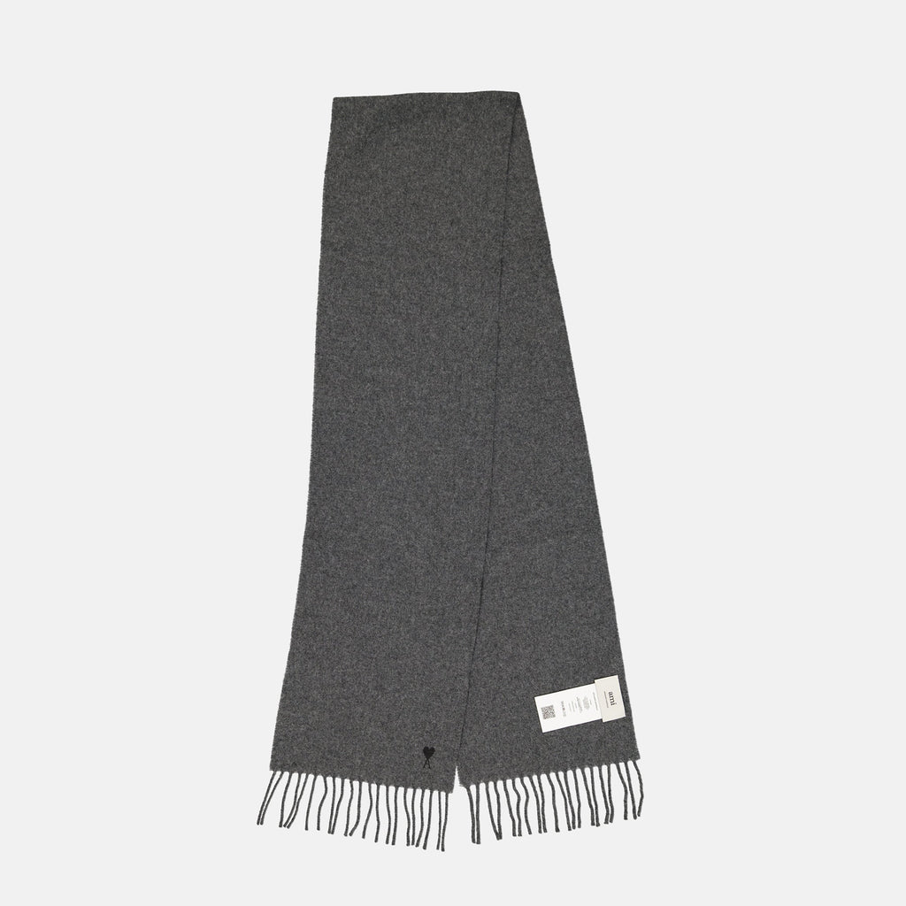 grey wool scarf, Ami Paris, fringed edges, Autumn-Winter 2025, unisex scarf