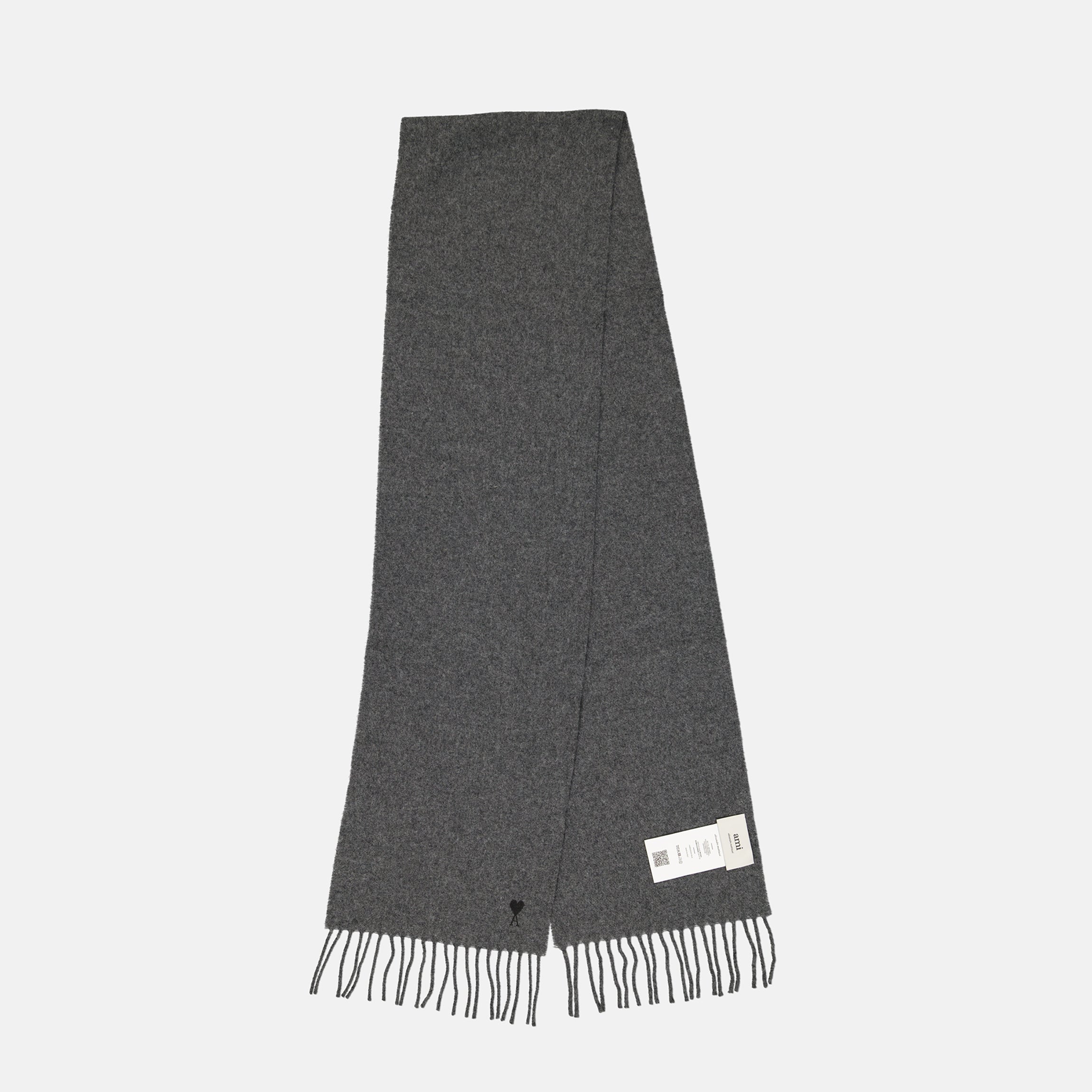 grey wool scarf, Ami Paris, fringed edges, Autumn-Winter 2025, unisex scarf