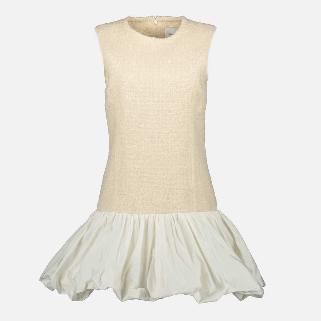 Patou dress, tweed dress, ruffled hem dress, beige dress, short dress