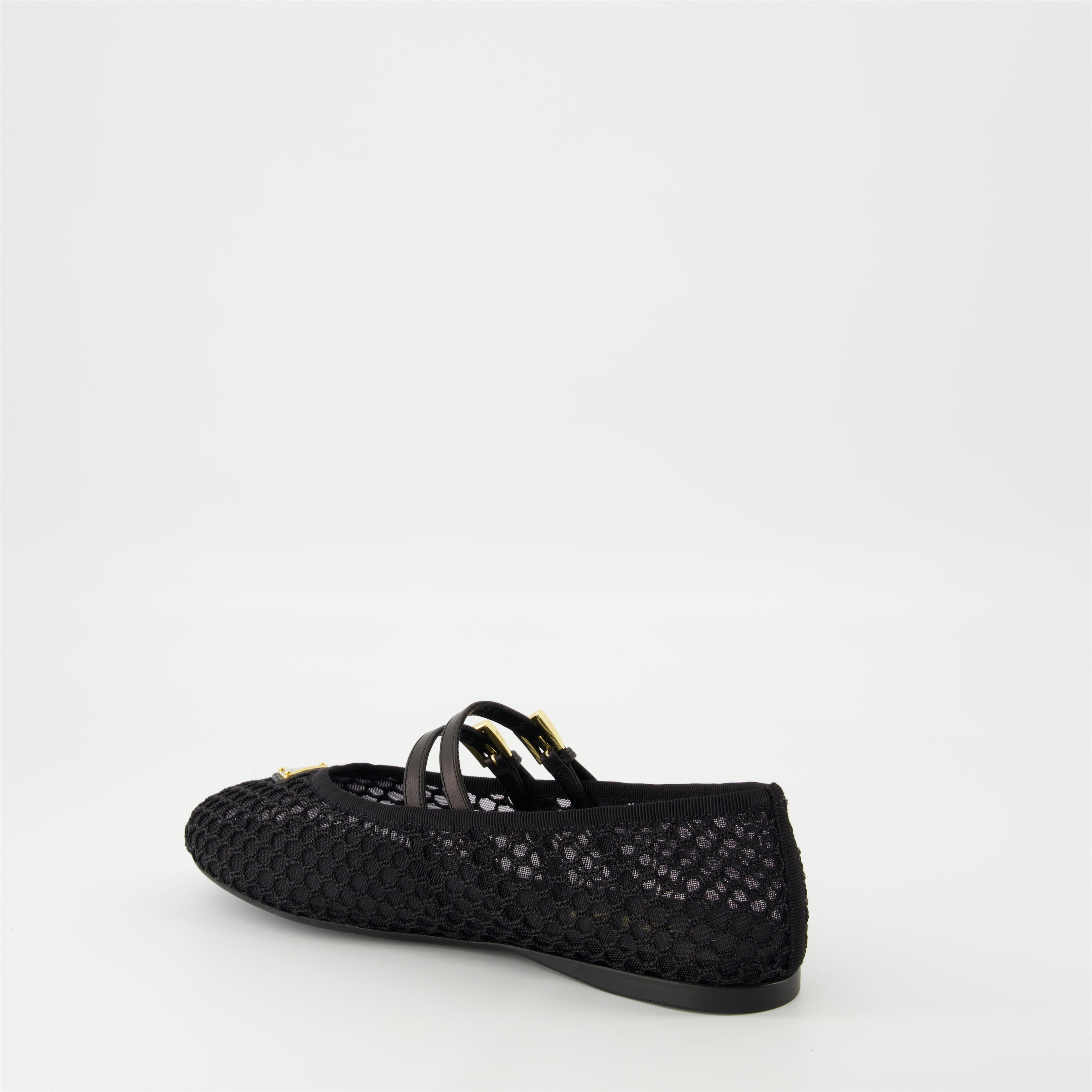 black mesh ballerinas, Prada shoes, stylish flats, rubber sole ballerinas, adjustable strap footwear