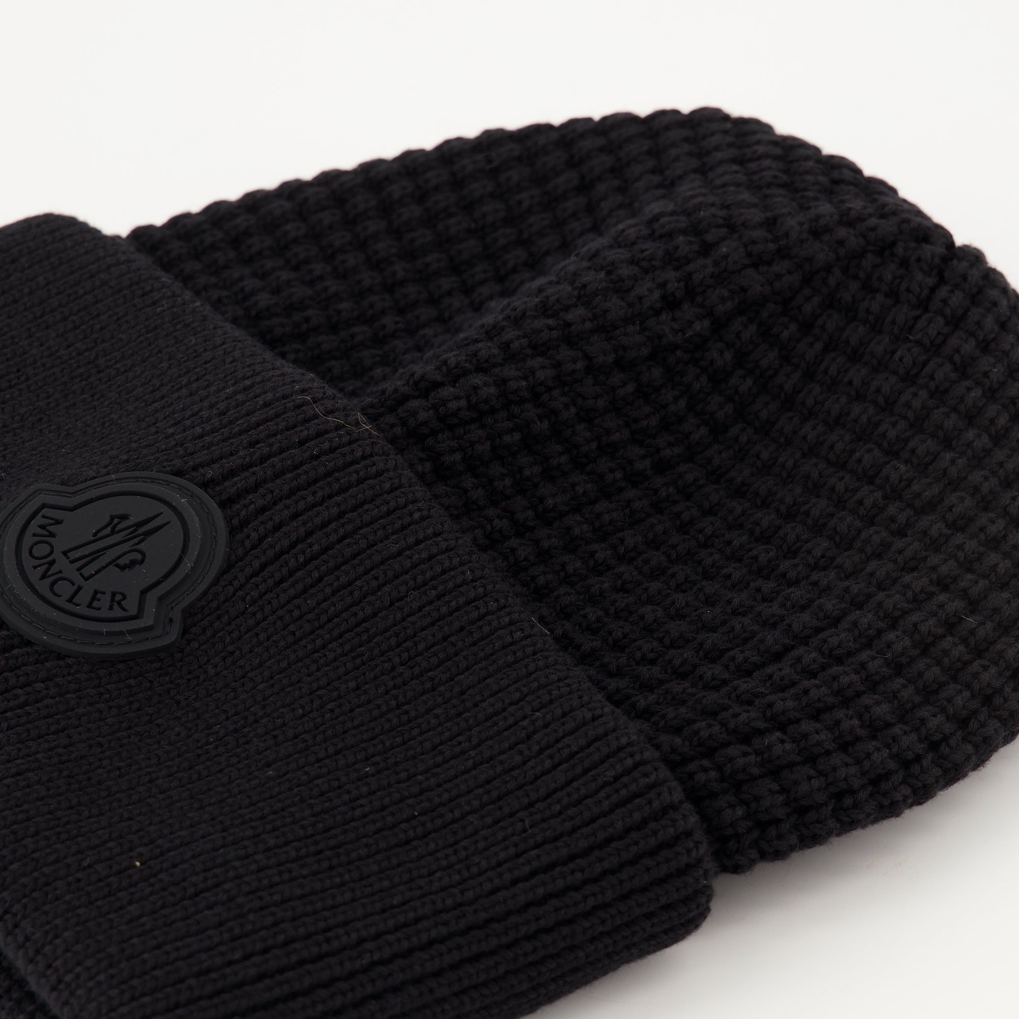Moncler beanie, cotton hat, ribbed knit, black logo beanie, winter accessory
