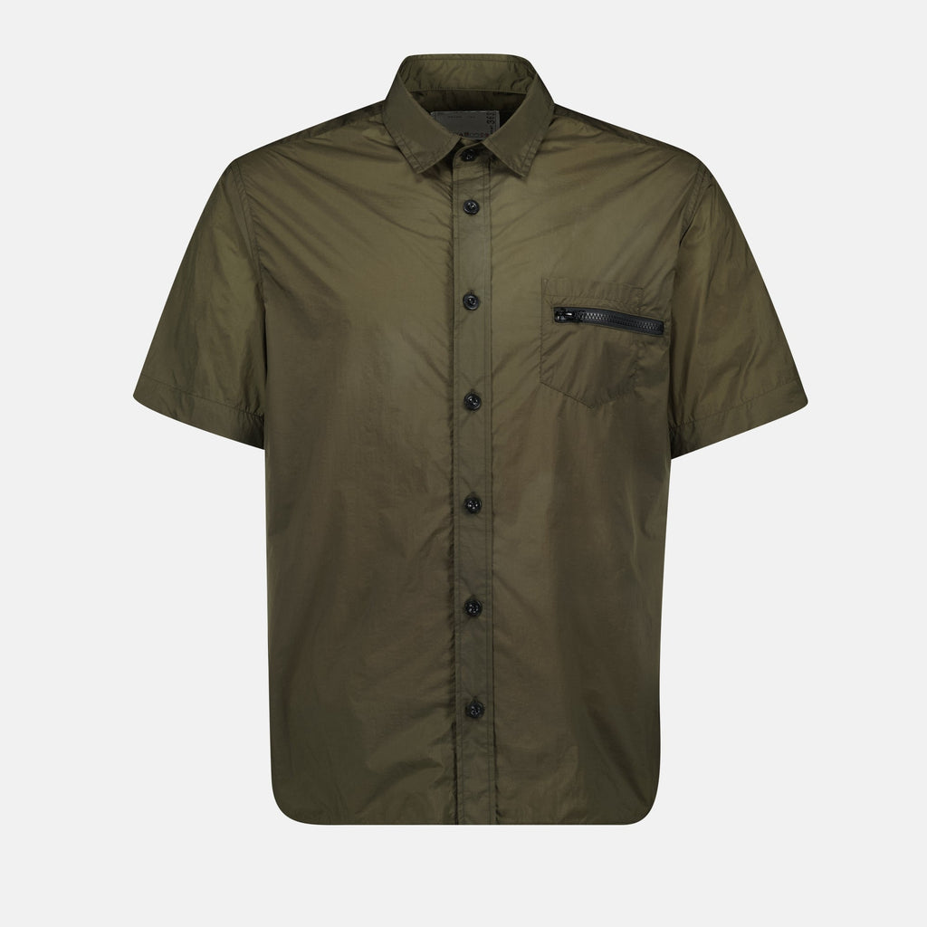 green nylon shirt, Sacai, classic collar shirt, summer wardrobe, casual shirt