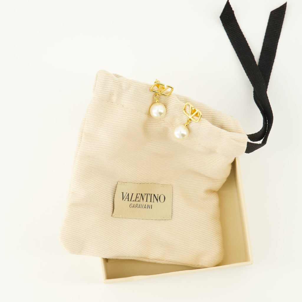VLogo earrings, Valentino jewelry, pearl drop earrings, luxury accessories, chic earrings