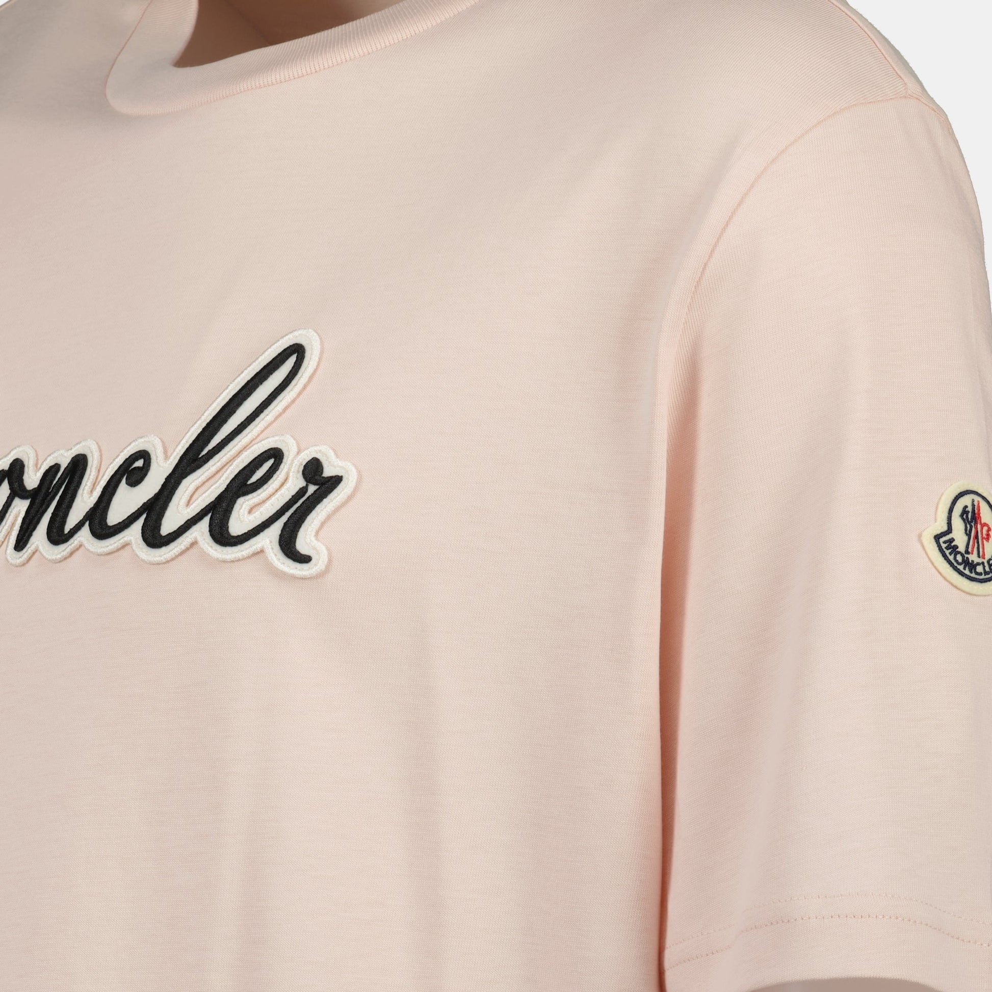 light pink t-shirt, Moncler t-shirt, embroidered logo t-shirt, cotton casual wear, Spring-Summer fashion