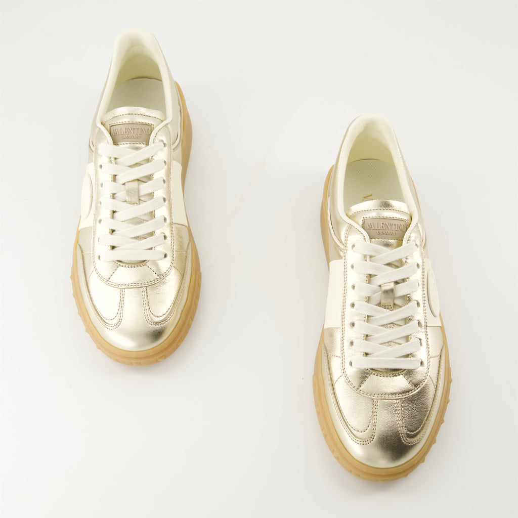 UpVillage Sneakers, Valentino Garavani, metallic gold sneakers, textured leather shoes, contemporary footwear