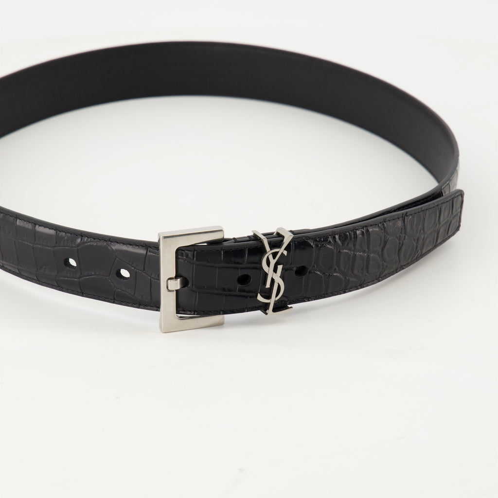 Cassandre belt, croc effect leather belt, black leather belt, adjustable leather belt, metallic logo belt