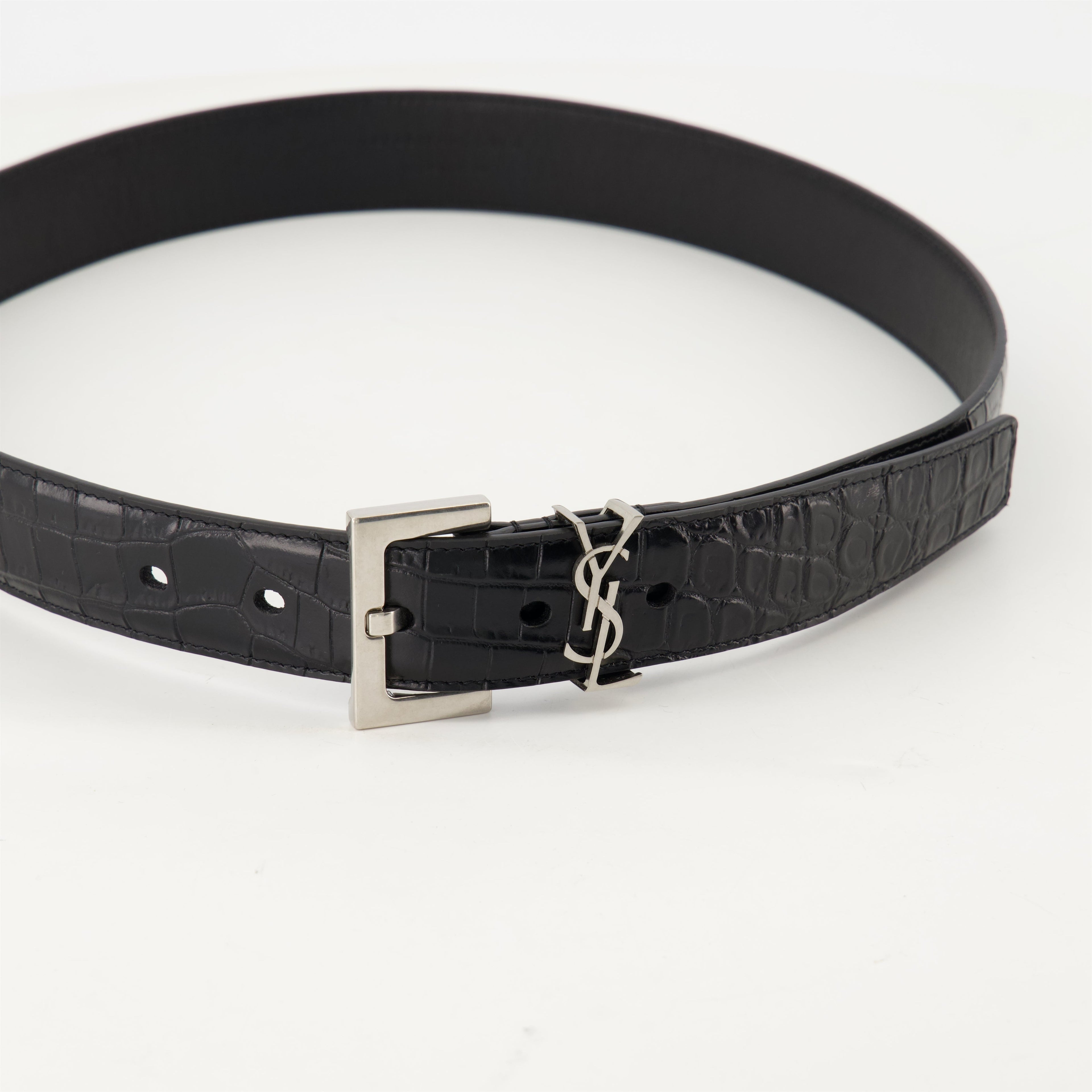 Cassandre belt, croc effect leather belt, black leather belt, adjustable leather belt, metallic logo belt