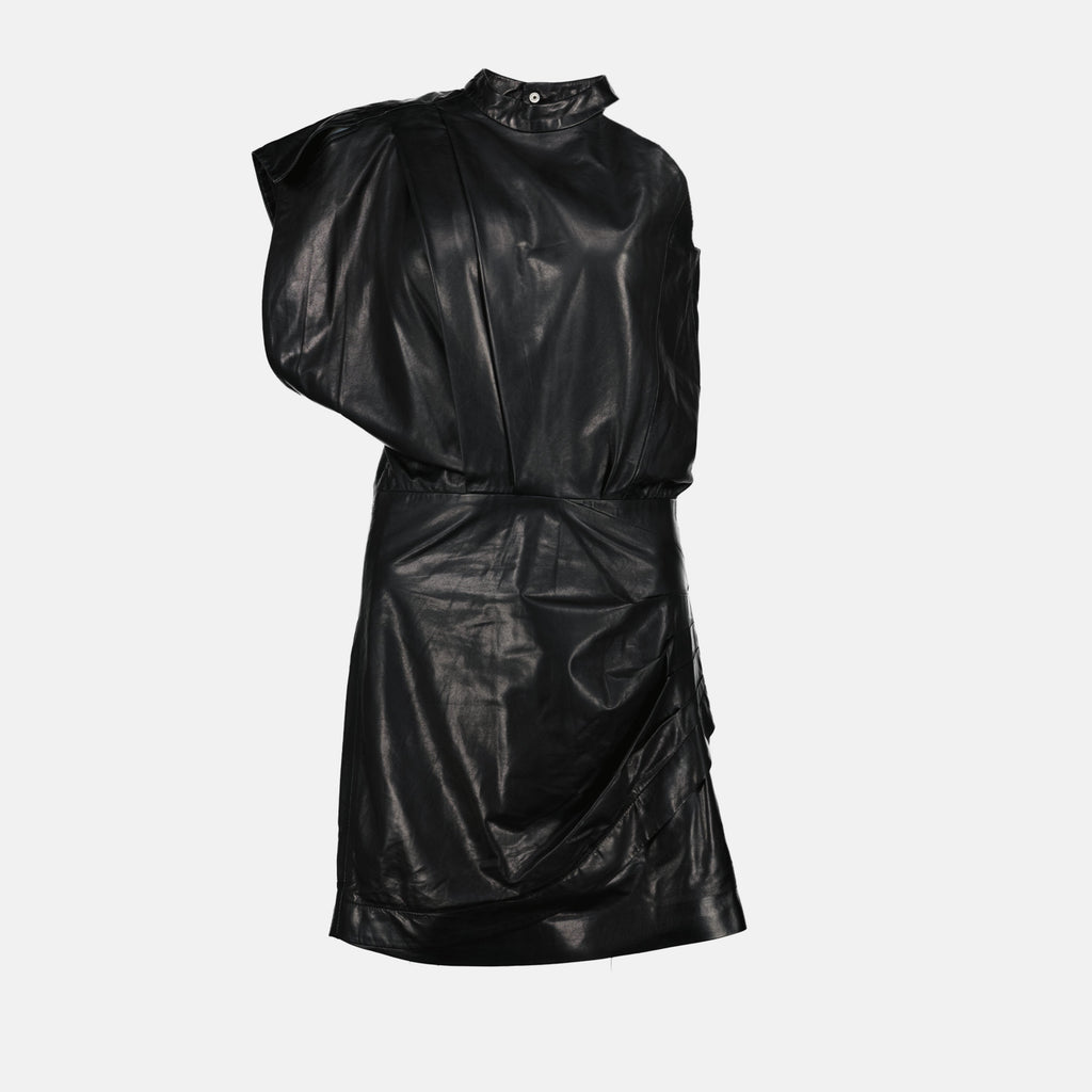 black leather dress, Pernille dress, asymmetrical design, luxury fashion, Spring Summer 2025