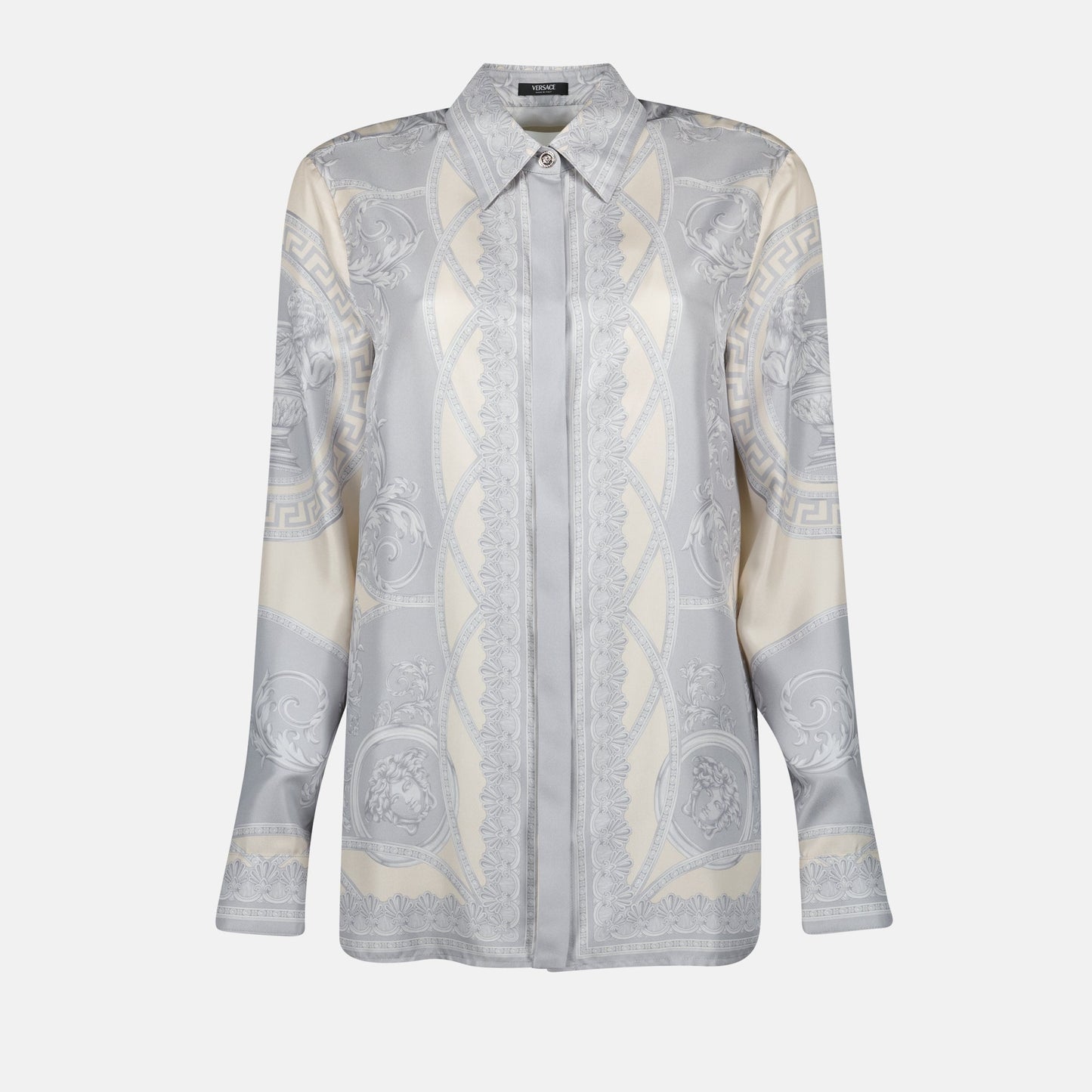 Grey Silk Shirt, La Coupe des Dieux, Versace Shirt, Silk Blouse, Medusa Detail