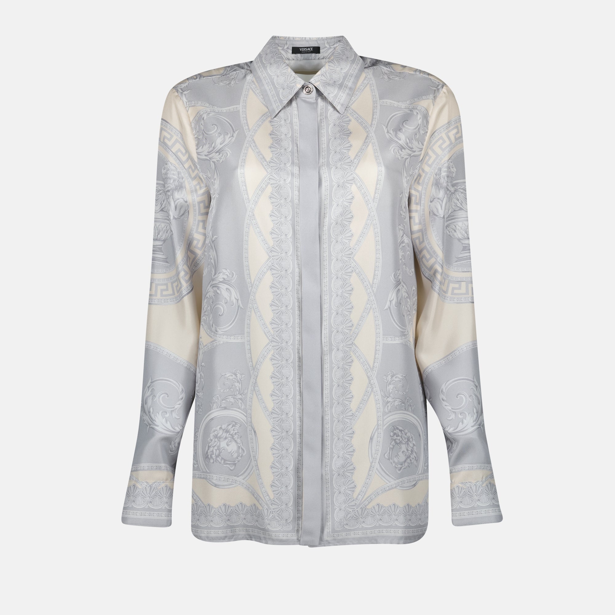 Grey Silk Shirt, La Coupe des Dieux, Versace Shirt, Silk Blouse, Medusa Detail