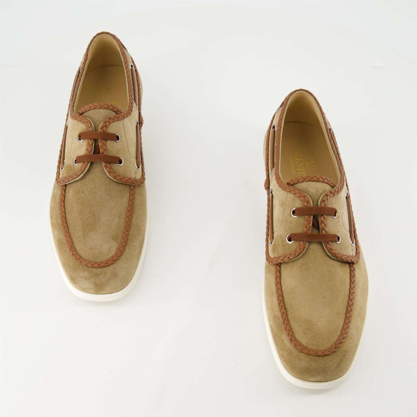 Brown boat shoes, suede shoes, lace-up footwear, designer shoes, Valentino Garavani