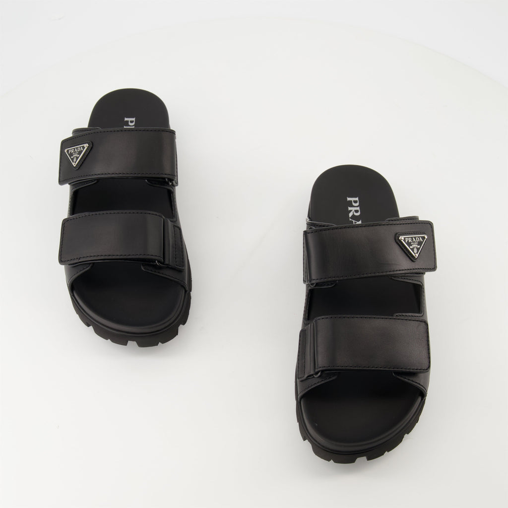 black leather slides, Prada slides, men's leather footwear, stylish casual shoes, comfortable leather sandals