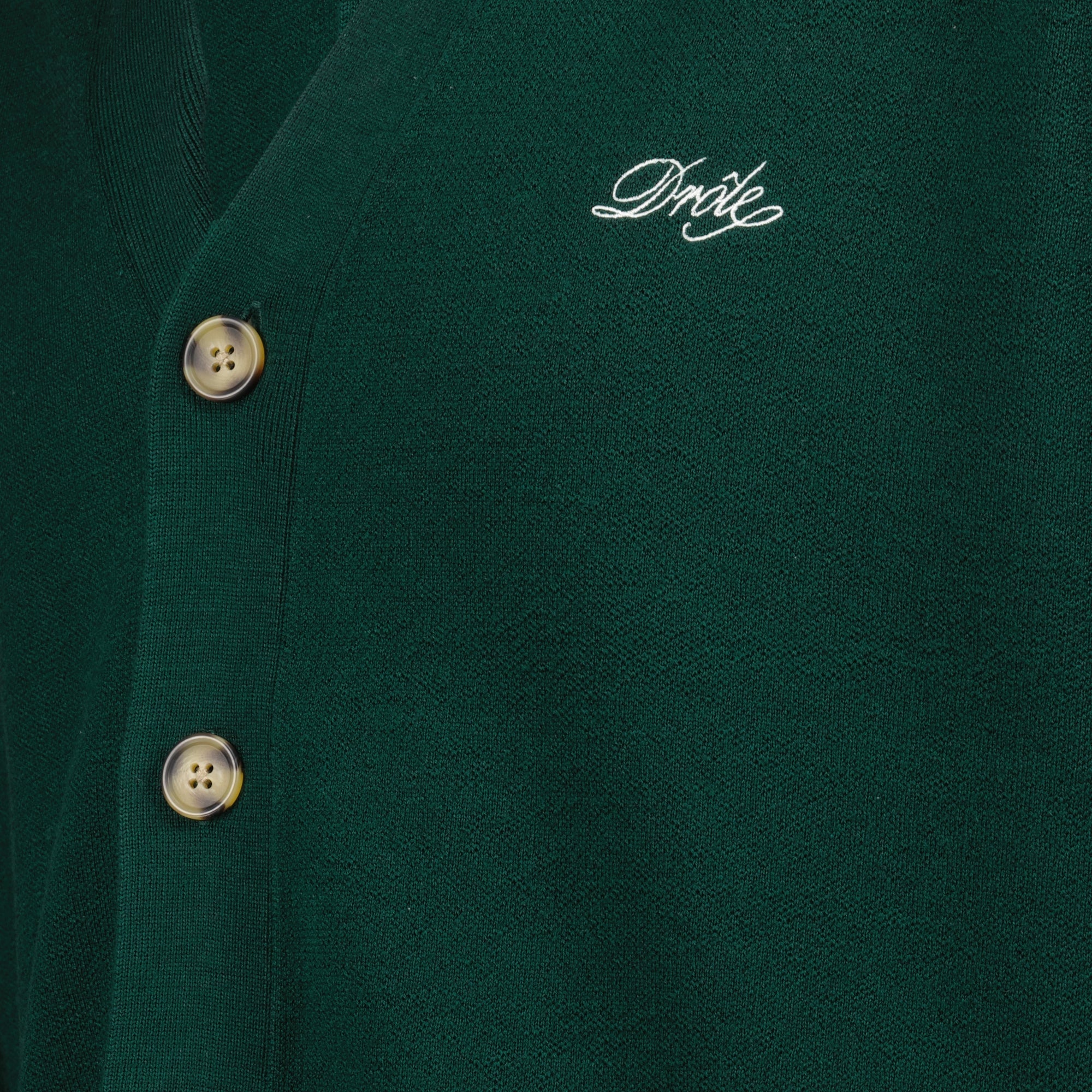 green cardigan, detachable sleeves, wool cardigan, button closure, embroidered logo