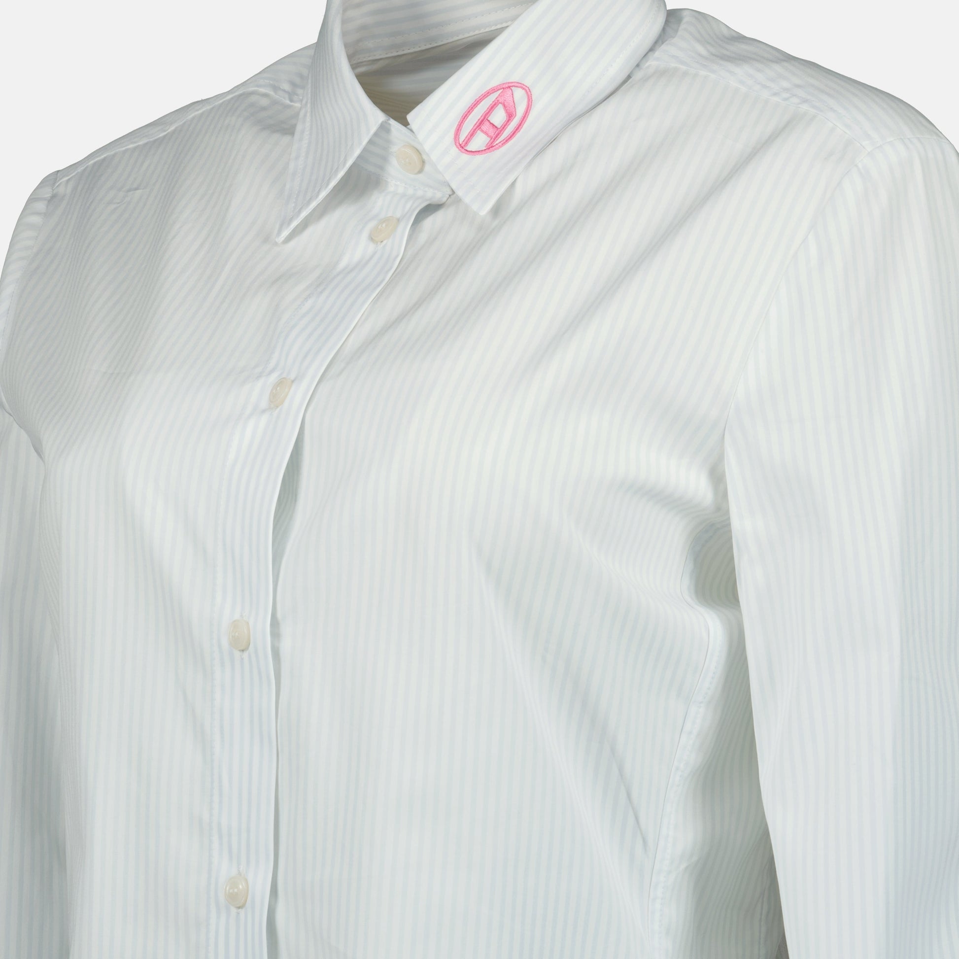 white striped shirt, C-Gisel shirt, classic collar shirt, cotton shirt, embroidered logo shirt