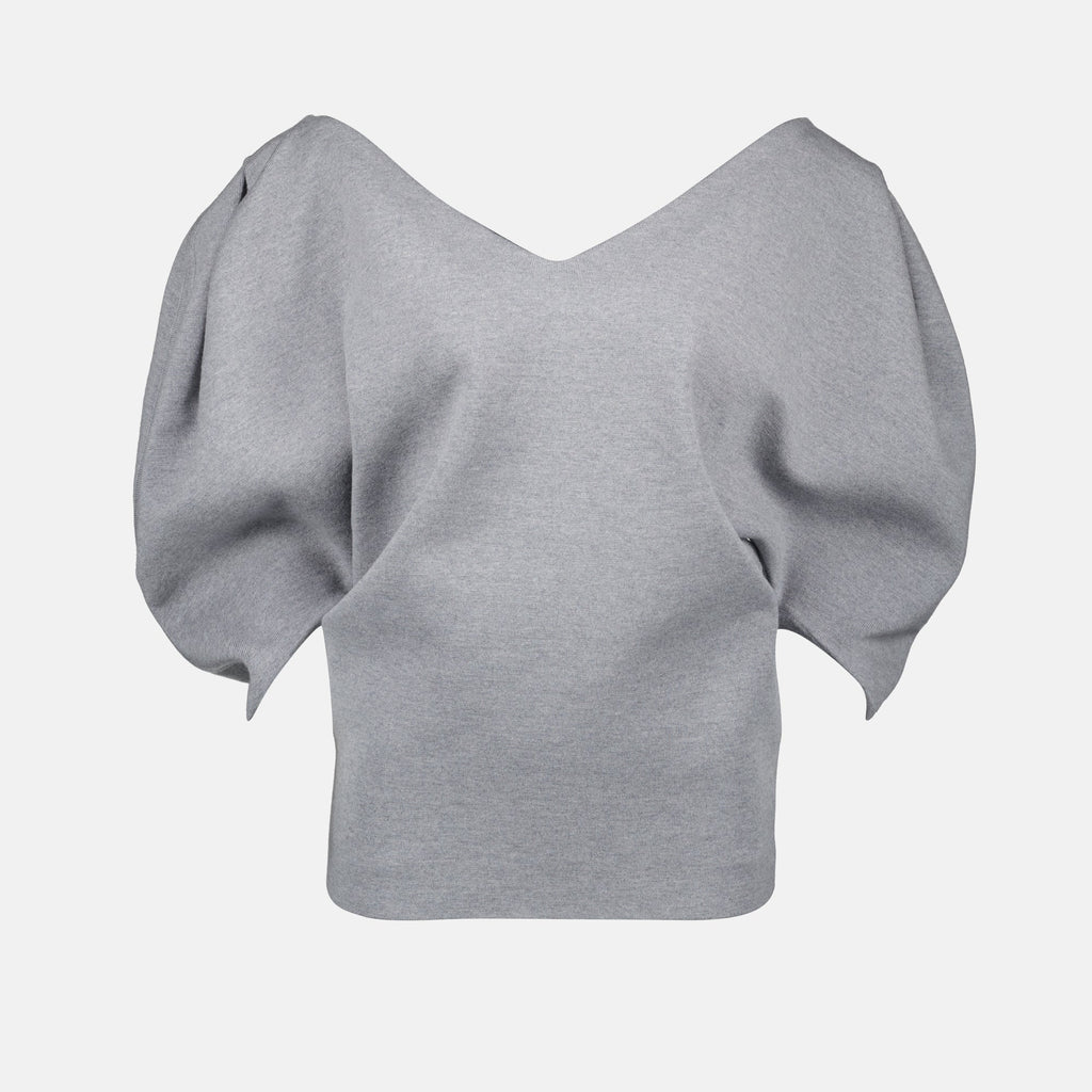 Khaite Top Venus, grey wool top, elegant women's top, ruffled neckline, puffed sleeves top