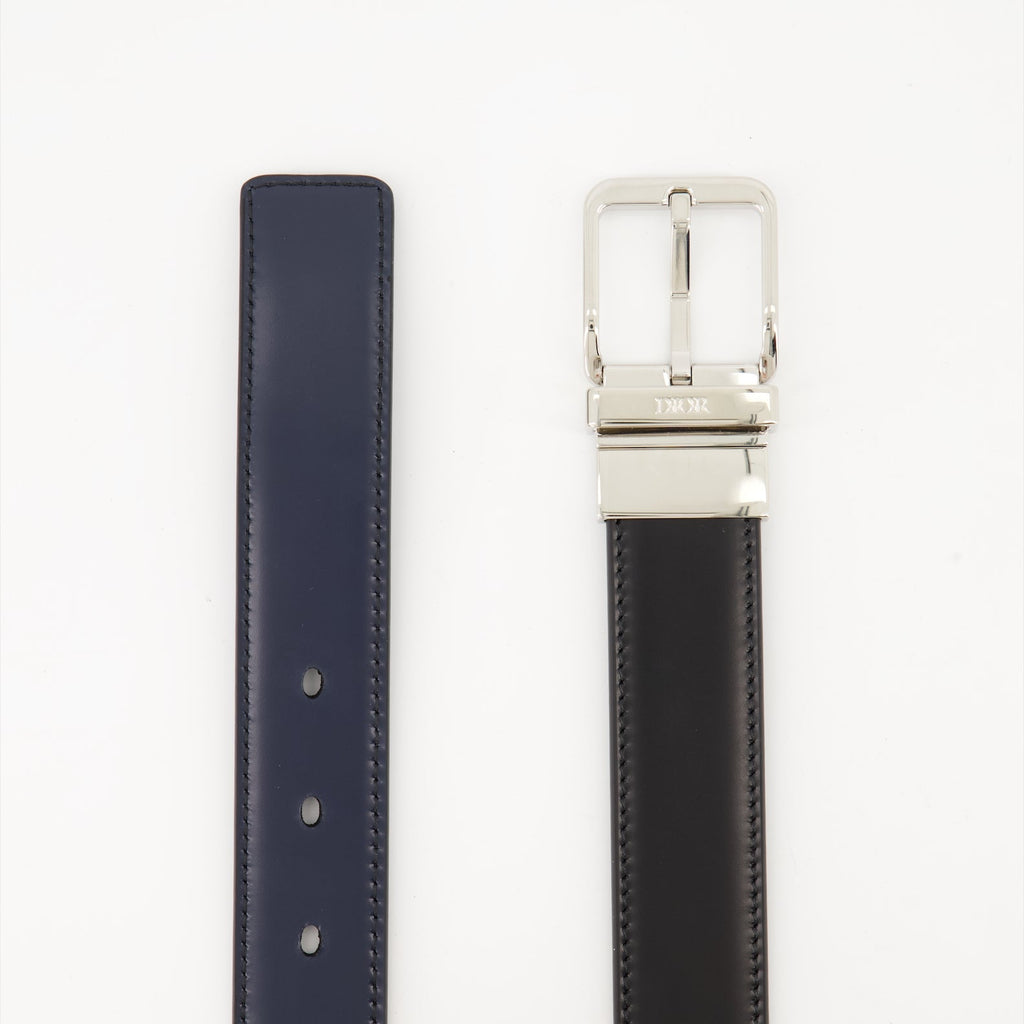 reversible leather belt, Dior belt, luxury accessory, black and navy belt, smooth leather belt