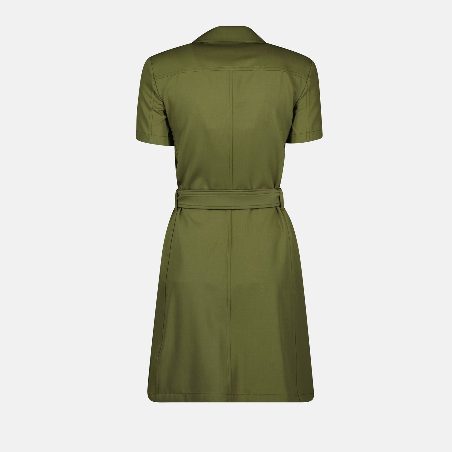 green trench dress, Burberry dress, mid-length dress, wool dress, adjustable waist dress