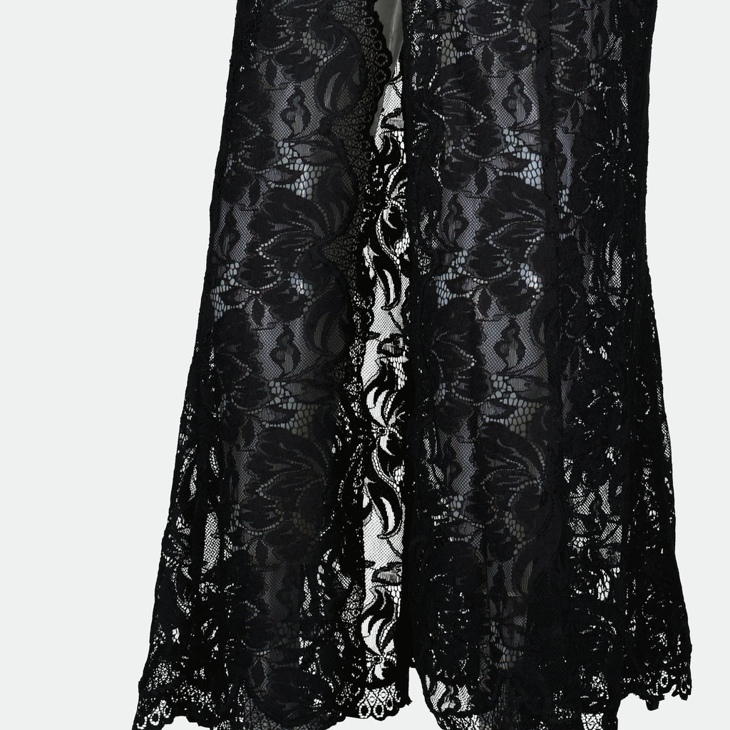 black lace dress, Rabanne dress, long sleeve dress, ankle length dress, embroidered lace dress