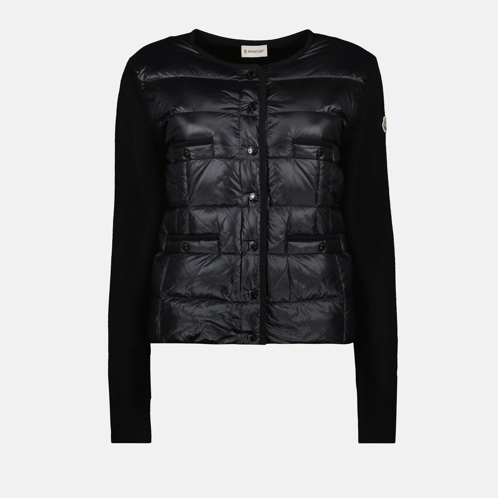 モンクレールの女性用ブラックバイマテリアルカーディガンの画像 - シーズン秋冬2025 - 前面ビュー