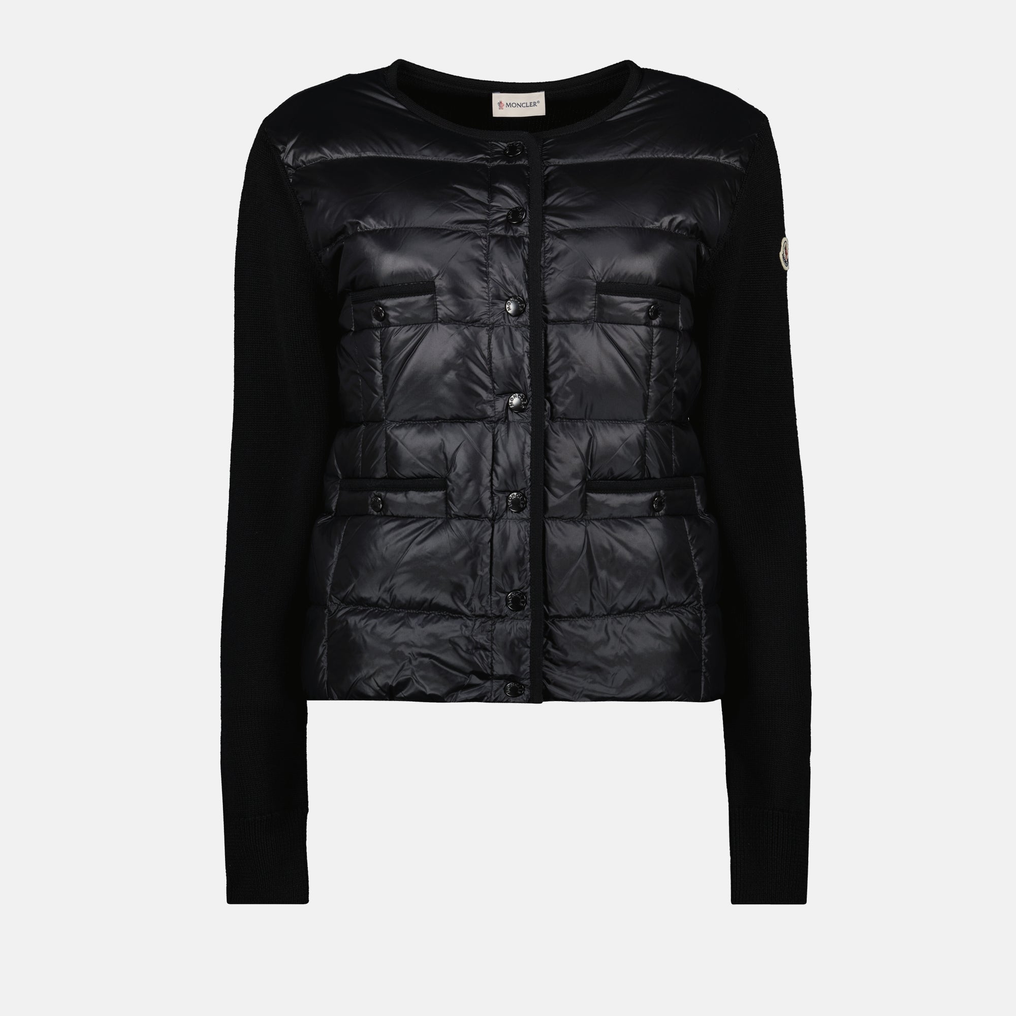 モンクレールの女性用ブラックバイマテリアルカーディガンの画像 - シーズン秋冬2025 - 前面ビュー
