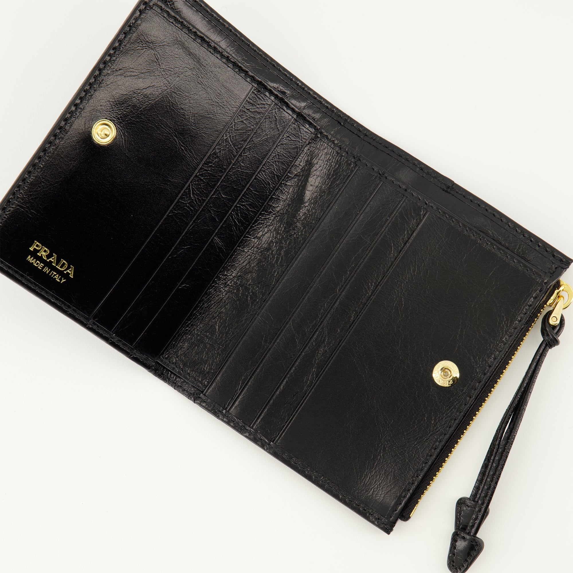 Prada wallet, black leather wallet, square wallet, women's accessories, Fall Winter 2025