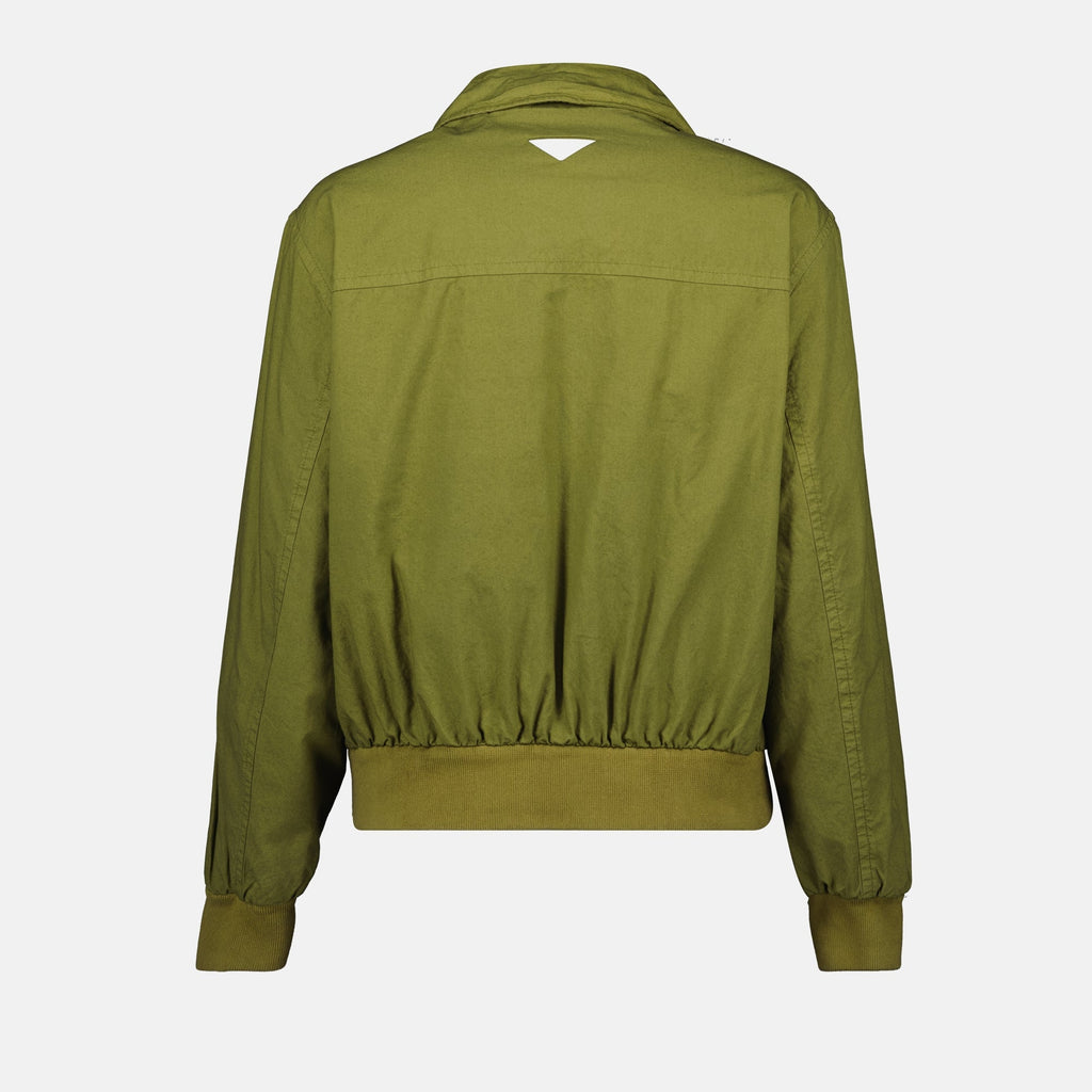 olive green jacket, poplin jacket, Prada jacket, funnel collar jacket, women's outerwear