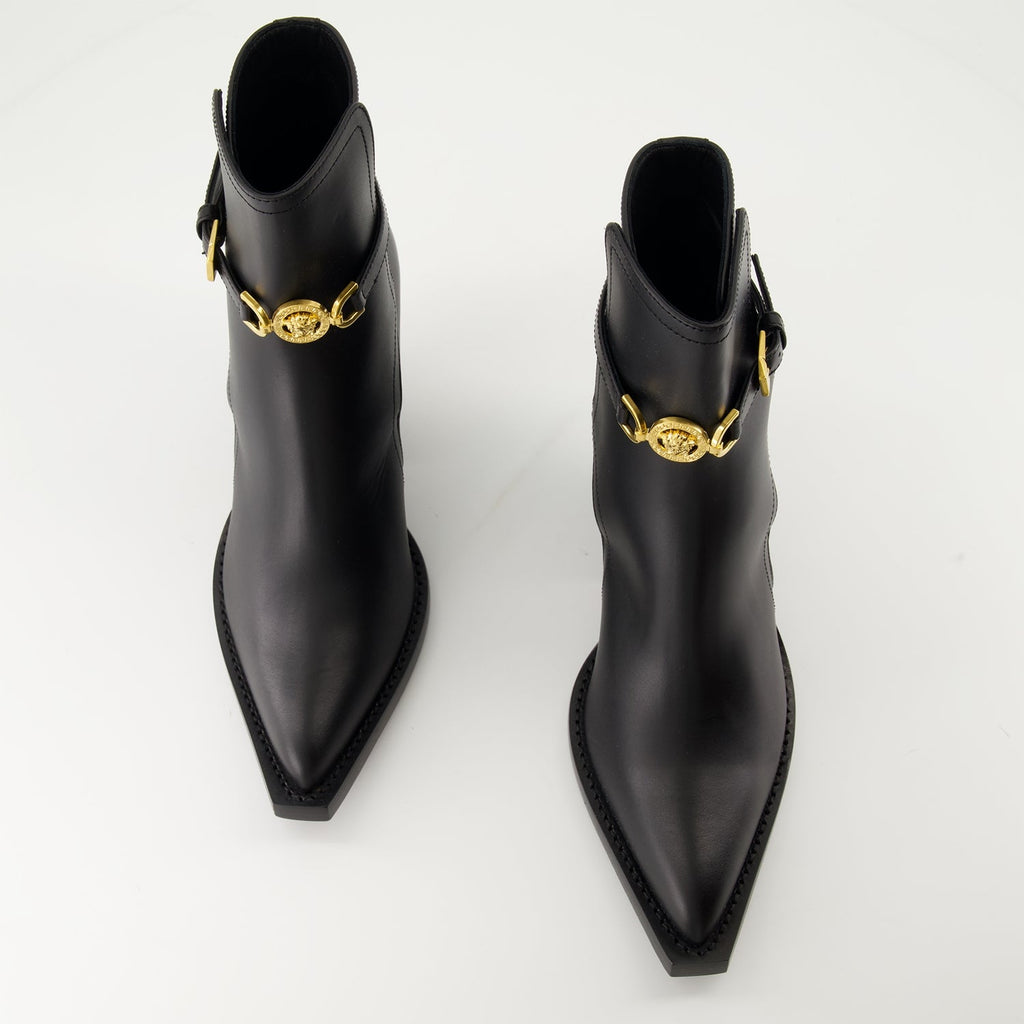 Versace boots, Medusa '95, smooth leather boots, luxury footwear, elegant black boots