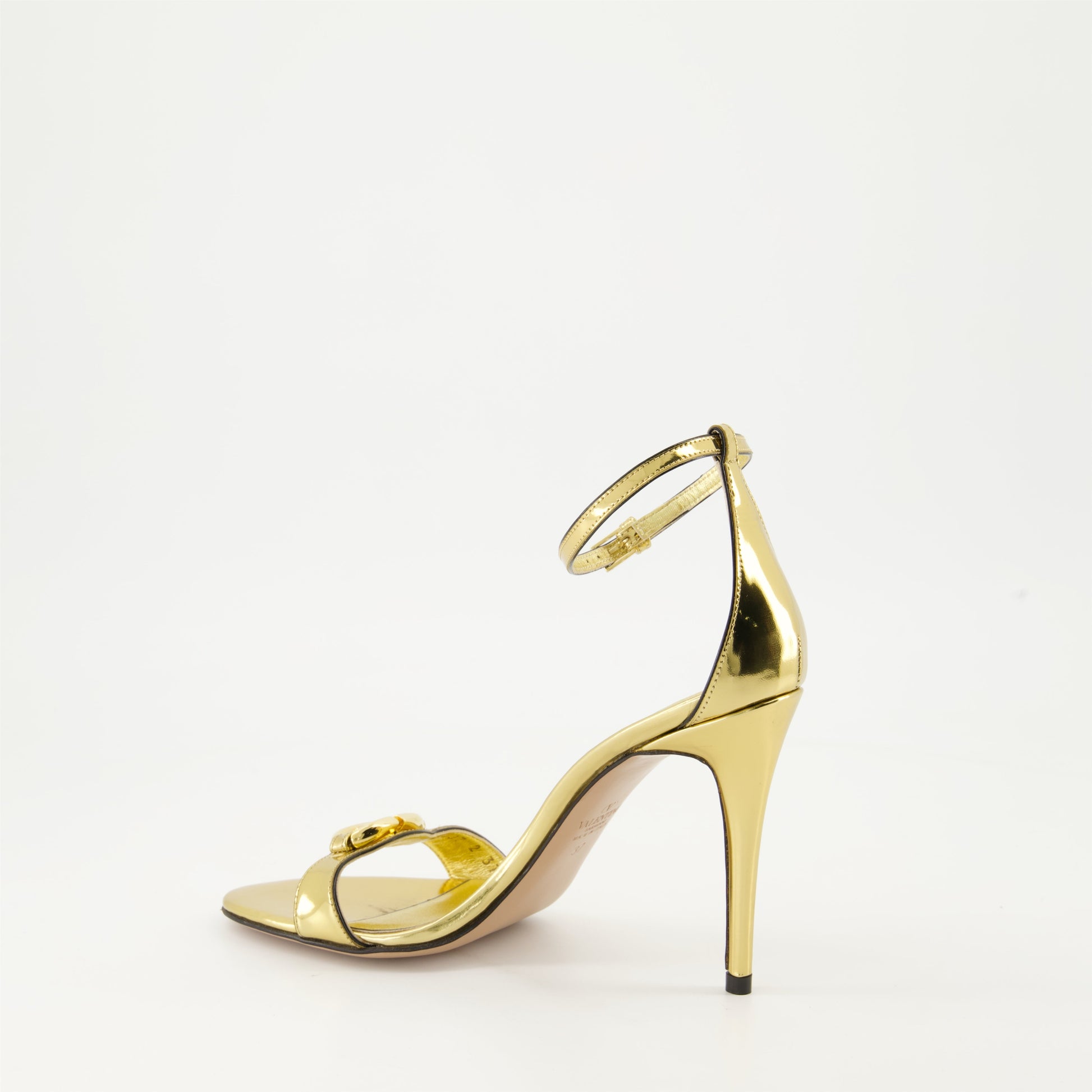 Gold leather heeled sandals, VLogo sandals, Valentino Garavani footwear, luxury open toe sandals, high-end leather shoes