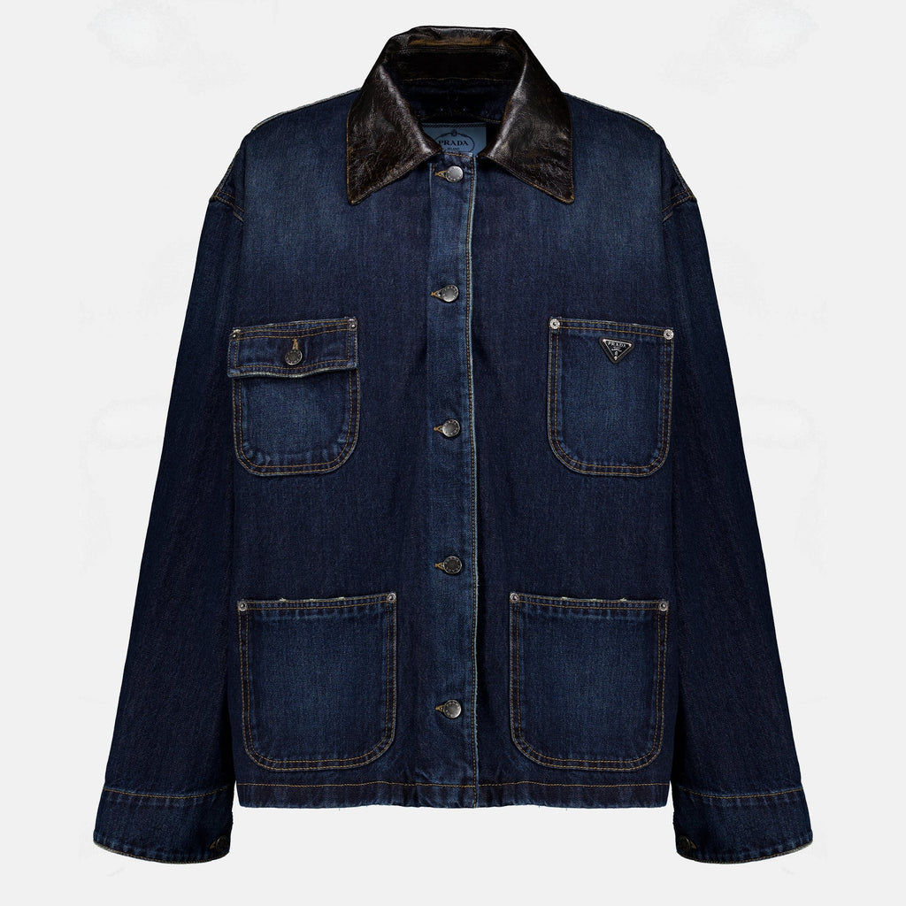Mørkeblå denim- og skinnjakke