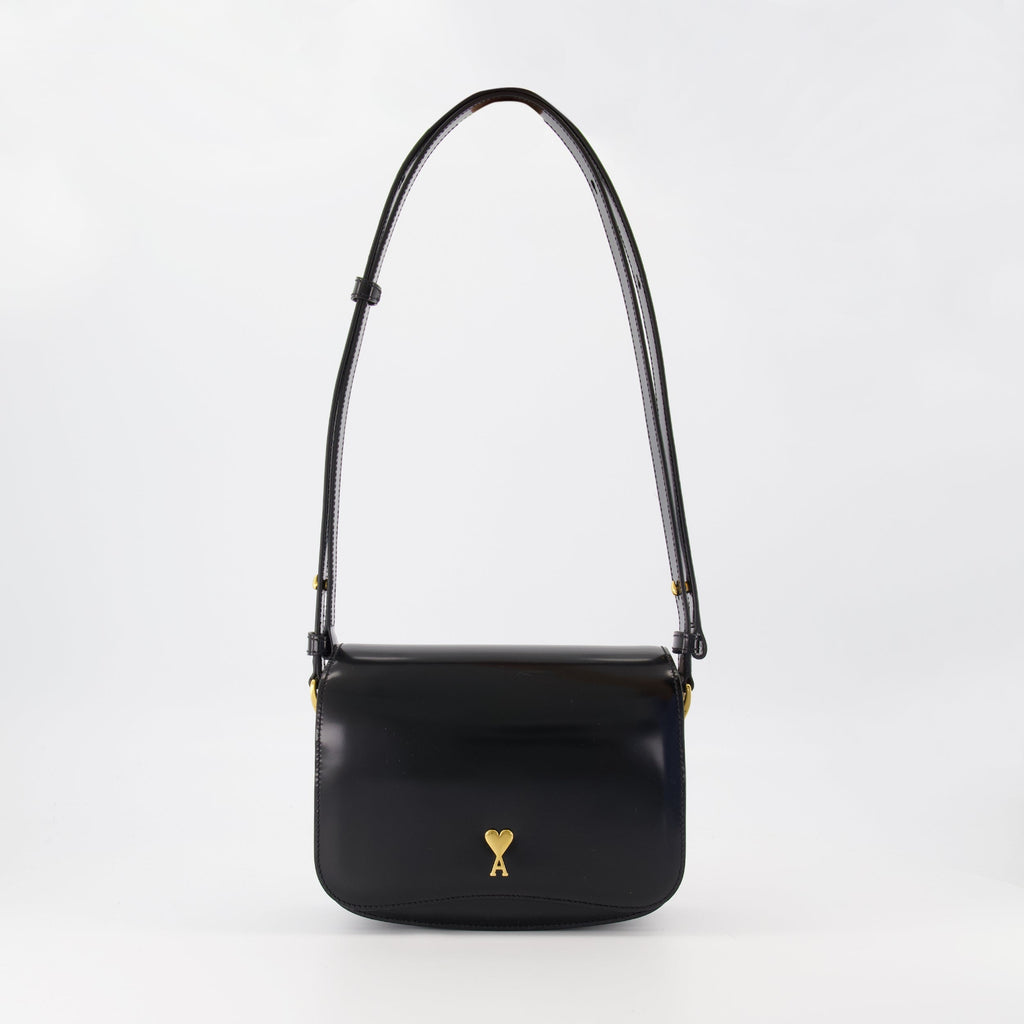 Ami Paris bag, black leather bag, unisex accessory, adjustable shoulder strap, calf leather handbag