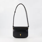 Ami Paris bag, black leather bag, unisex accessory, adjustable shoulder strap, calf leather handbag