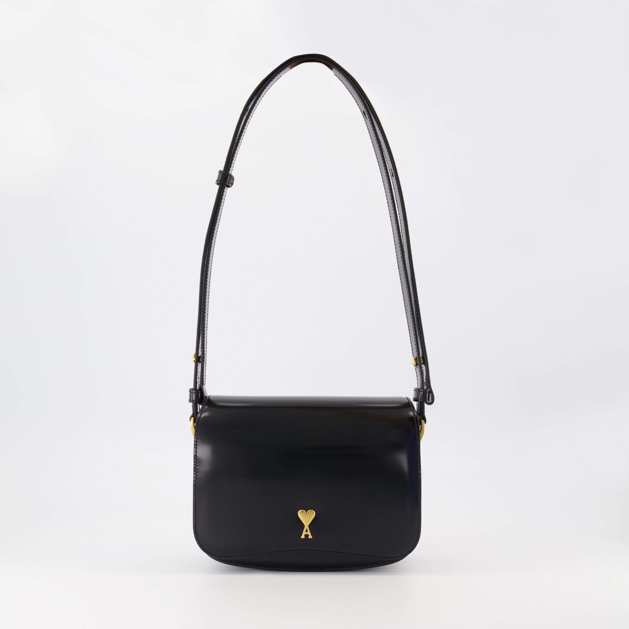 Ami Paris bag, black leather bag, unisex accessory, adjustable shoulder strap, calf leather handbag