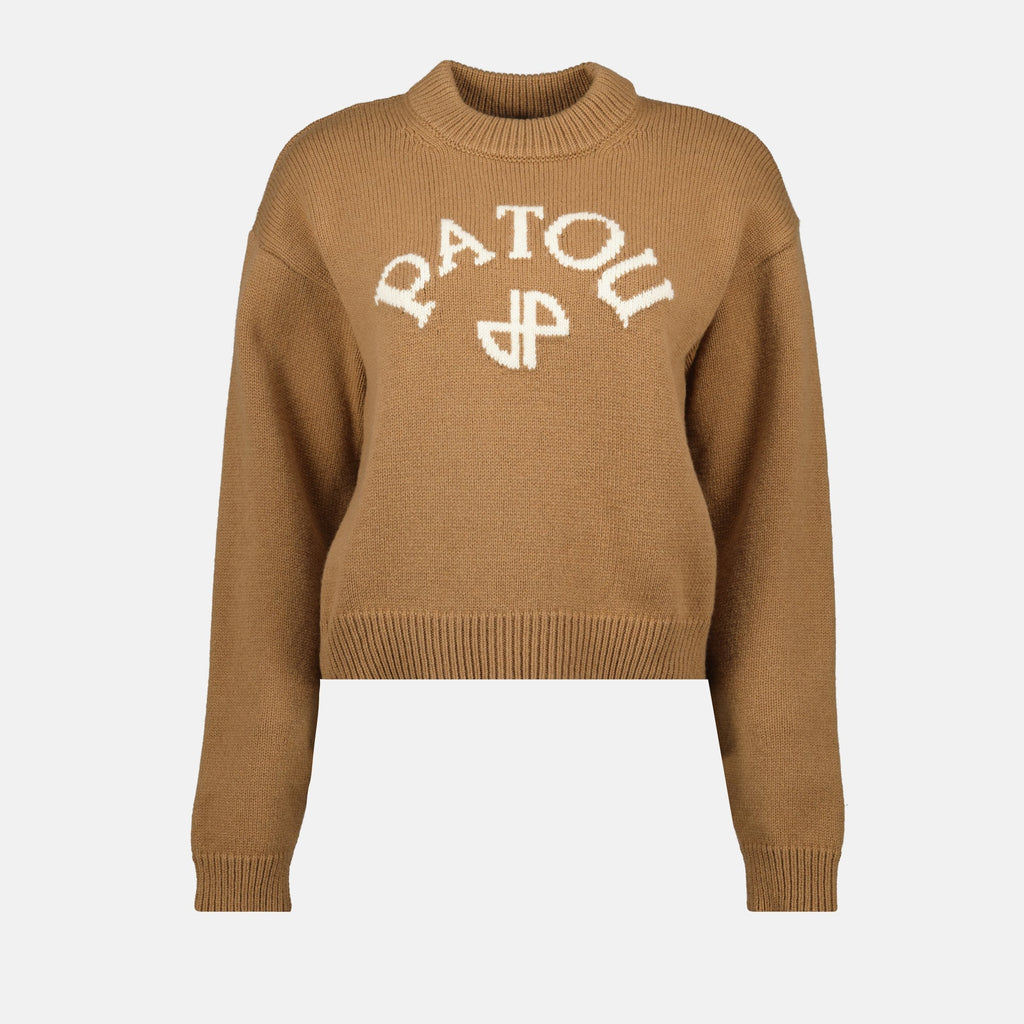 brown wool sweater, Patou sweater, classic wool knit, embroidered logo sweater, Autumn Winter collection