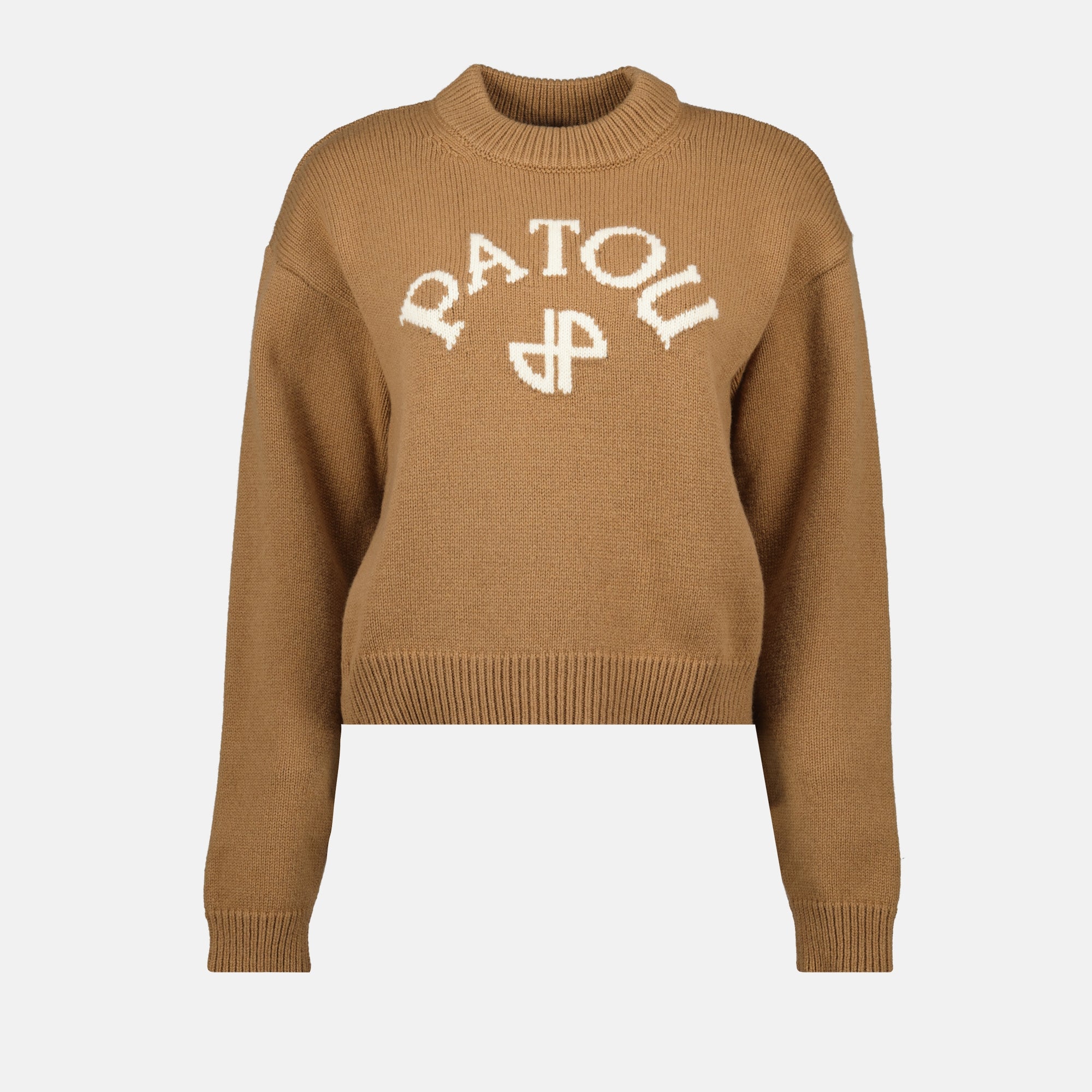 brown wool sweater, Patou sweater, classic wool knit, embroidered logo sweater, Autumn Winter collection