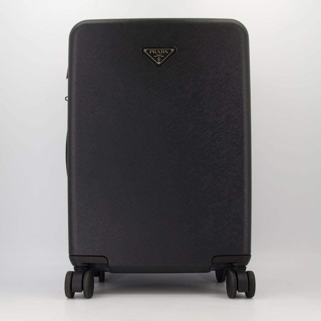 leather rolling luggage, Prada, travel accessories, cabin luggage, luxury travel bag