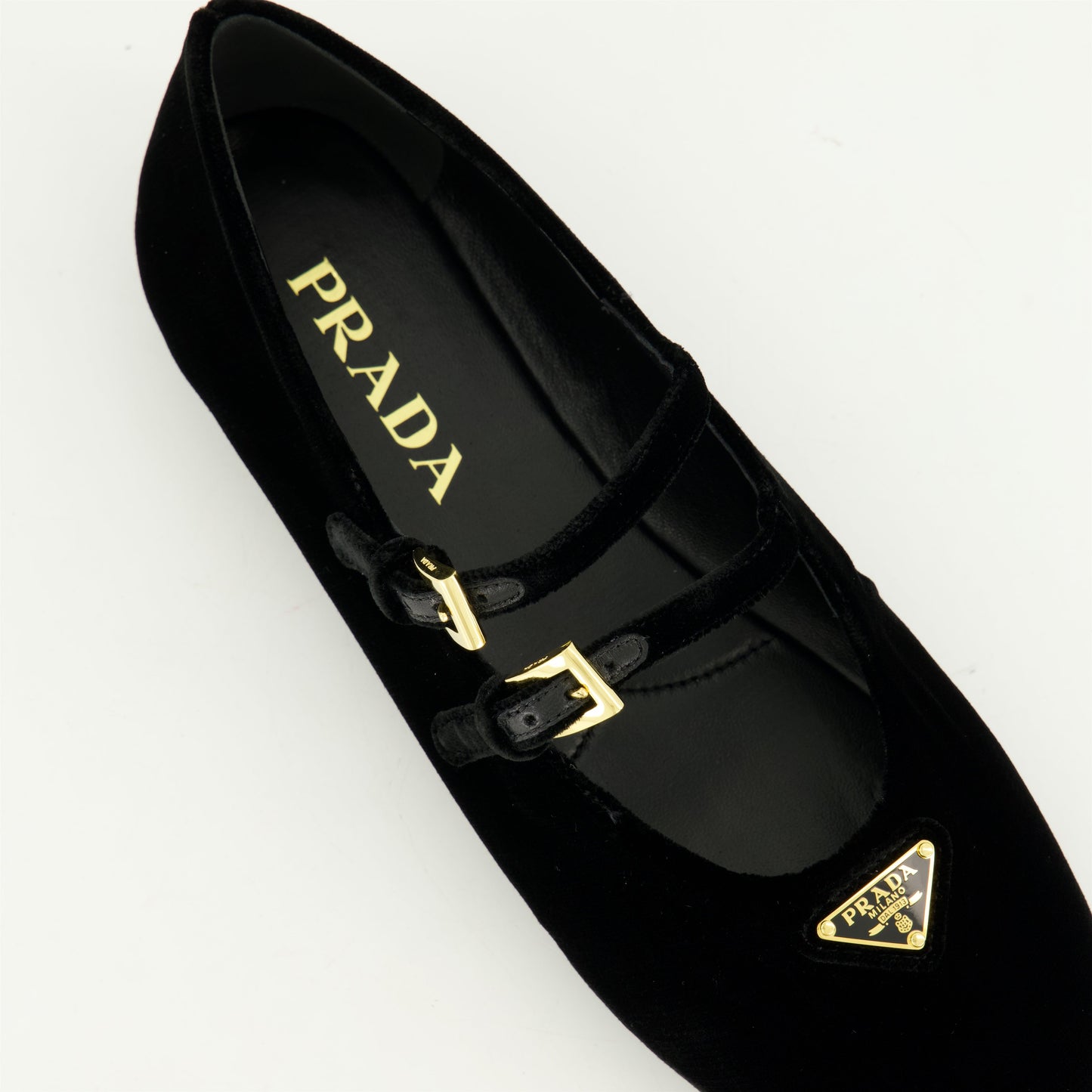 black velvet ballerinas, adjustable straps, metal logo detail, Prada collection, almond toe design