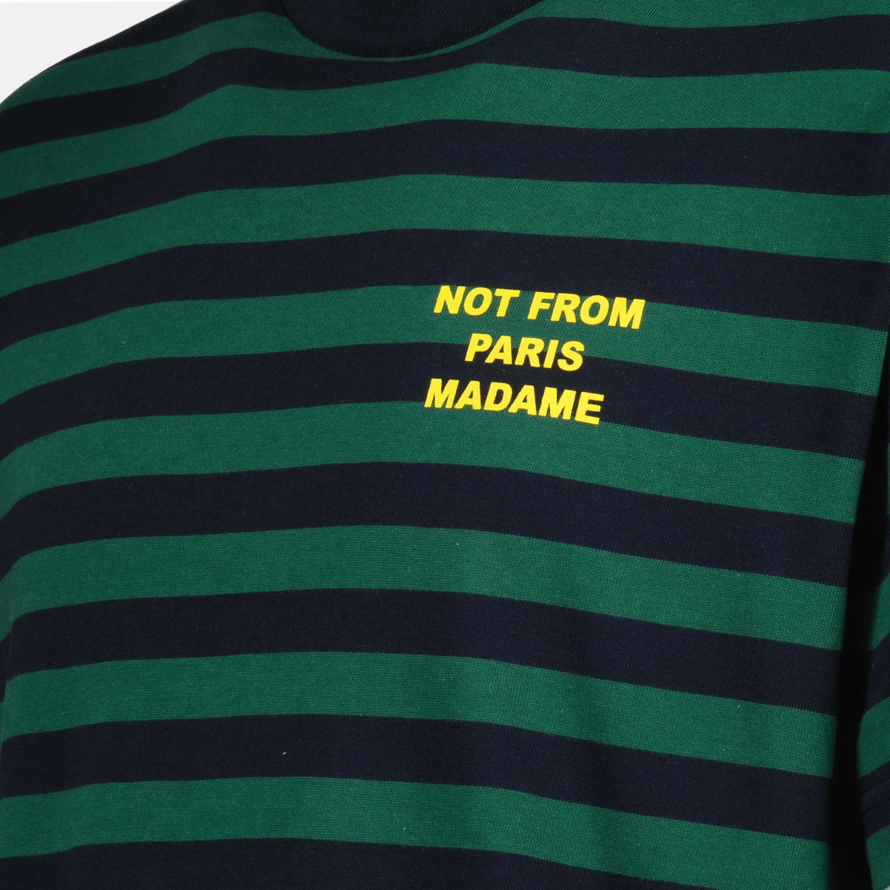 striped t-shirt, black green t-shirt, round neck tee, casual wear, Drole De Monsieur