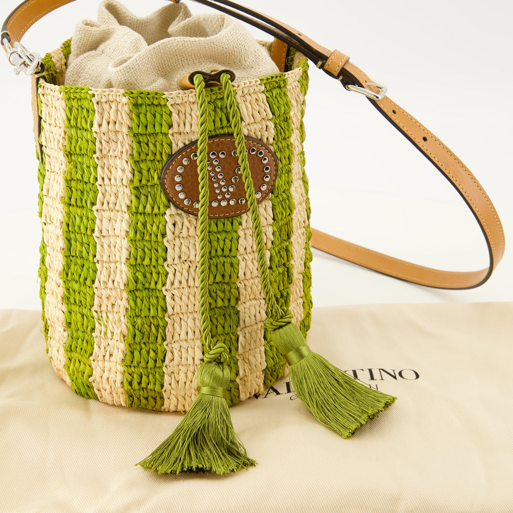 Piccola Borsa a Secchiello Striata Verde in Raffia